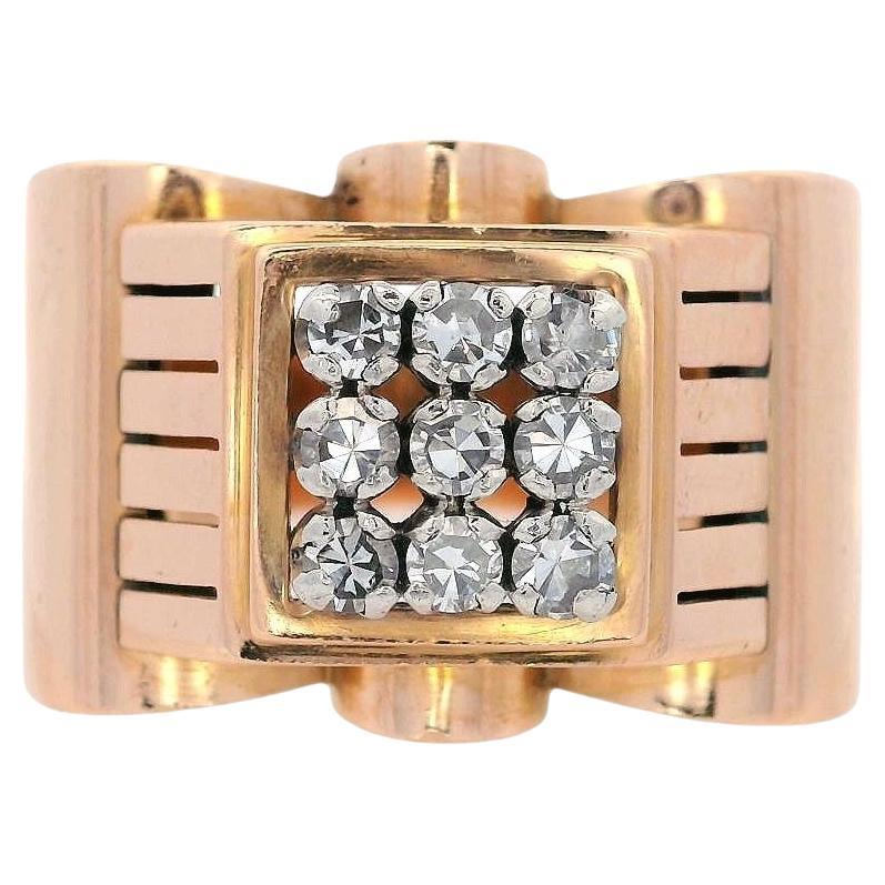 Retro Deco 1940 18kt yellow Gold Chevalier Ring with Diamonds