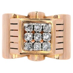 Retro Deco 1940 18kt yellow Gold Chevalier Ring with Diamonds