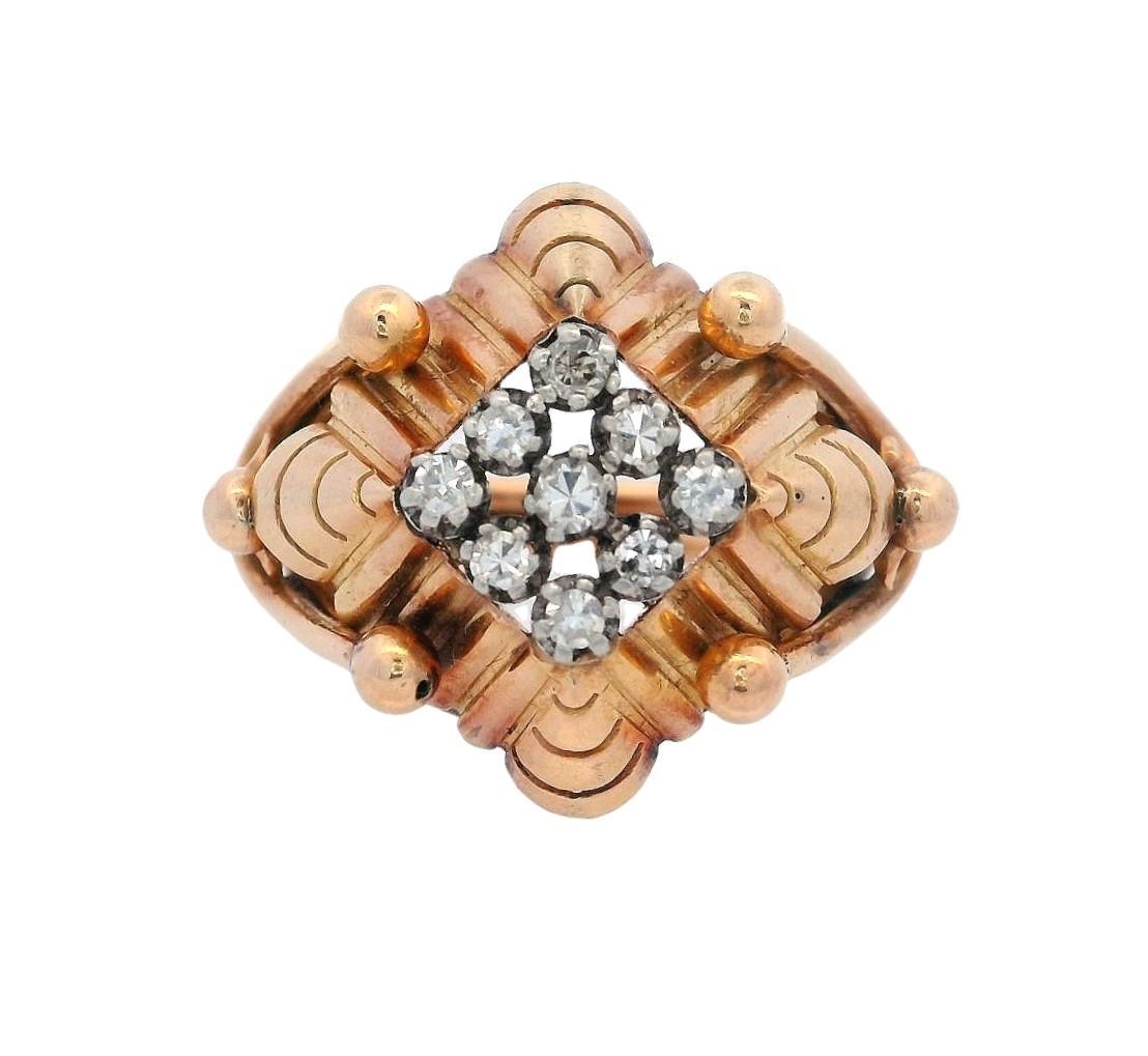 Rétro Bague rétro déco 1940 en or jaune 18 carats et platine avec diamants en vente