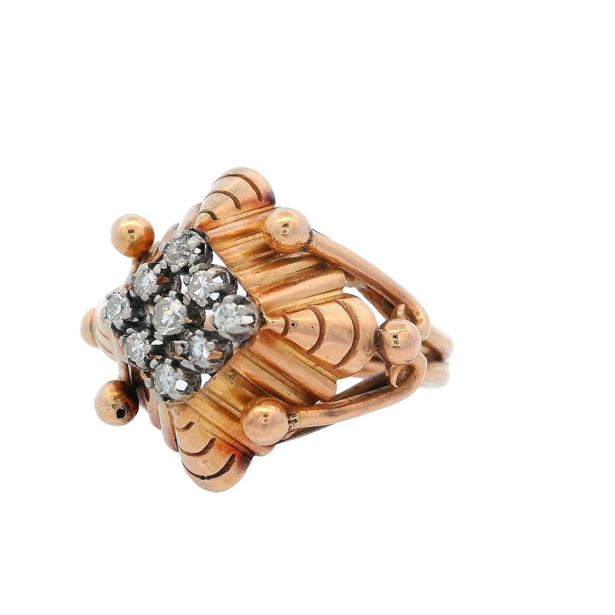 Bague rétro déco 1940 en or jaune 18 carats et platine avec diamants Unisexe en vente