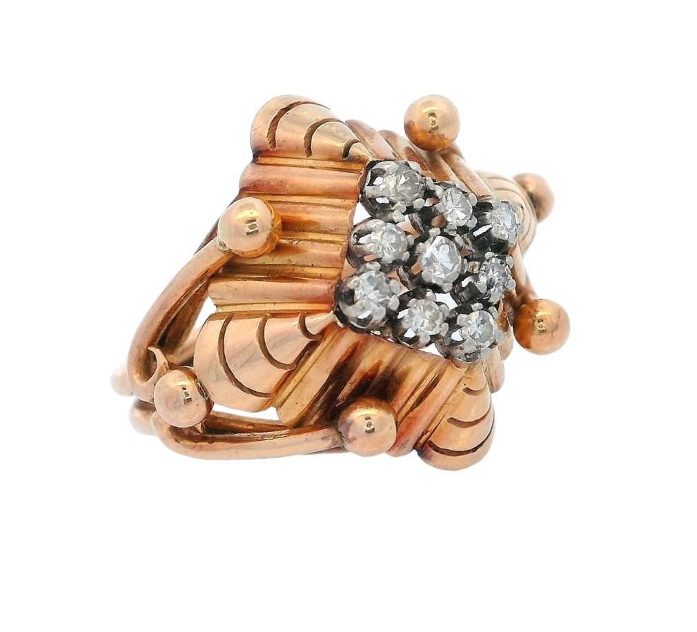 Retro Deco 1940 Ring in 18kt yellow Gold and Platinum with Diamonds