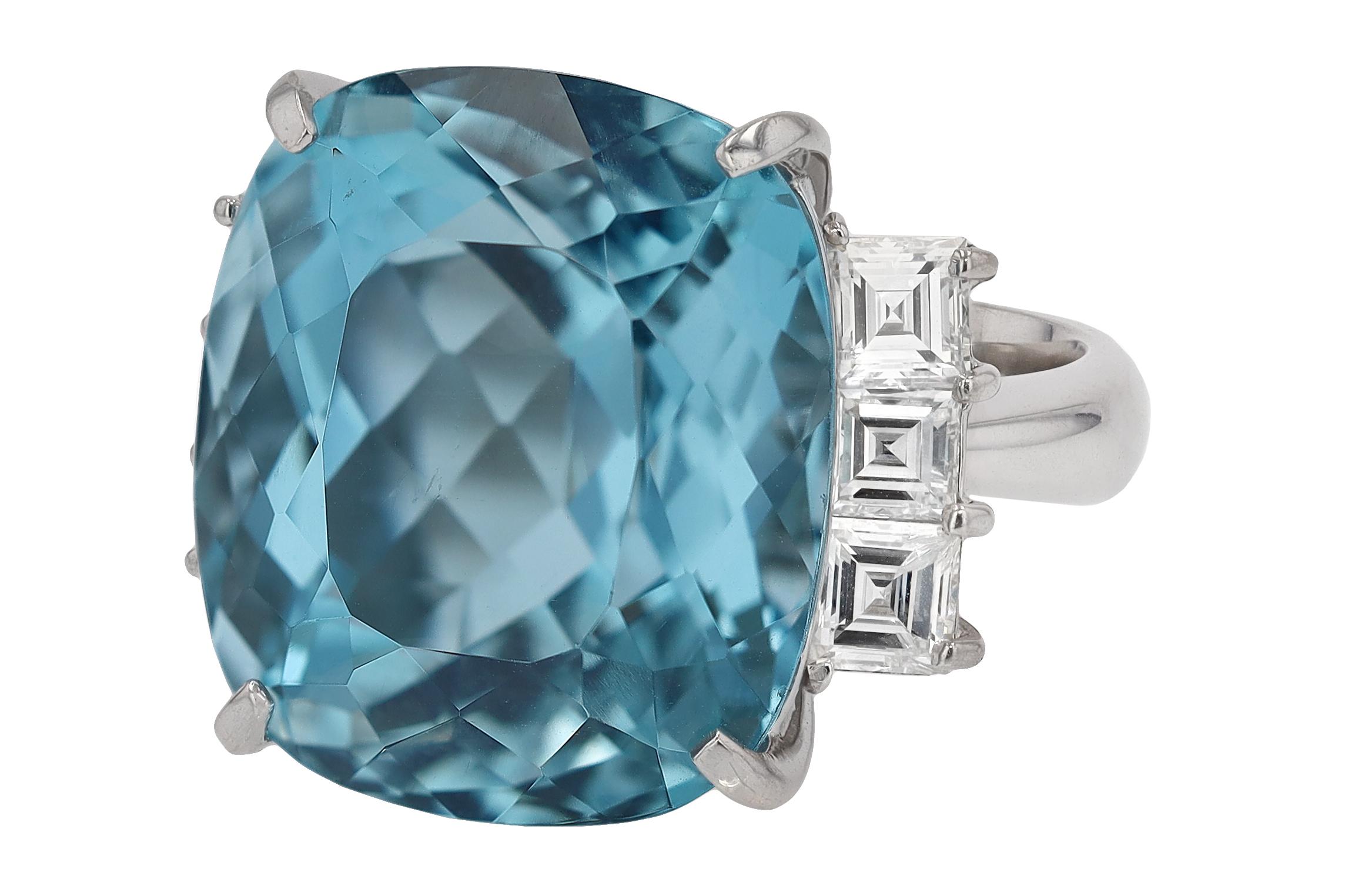 Women's Retro Deep Blue 20 Carat Cushion Aquamarine Cocktail Ring For Sale