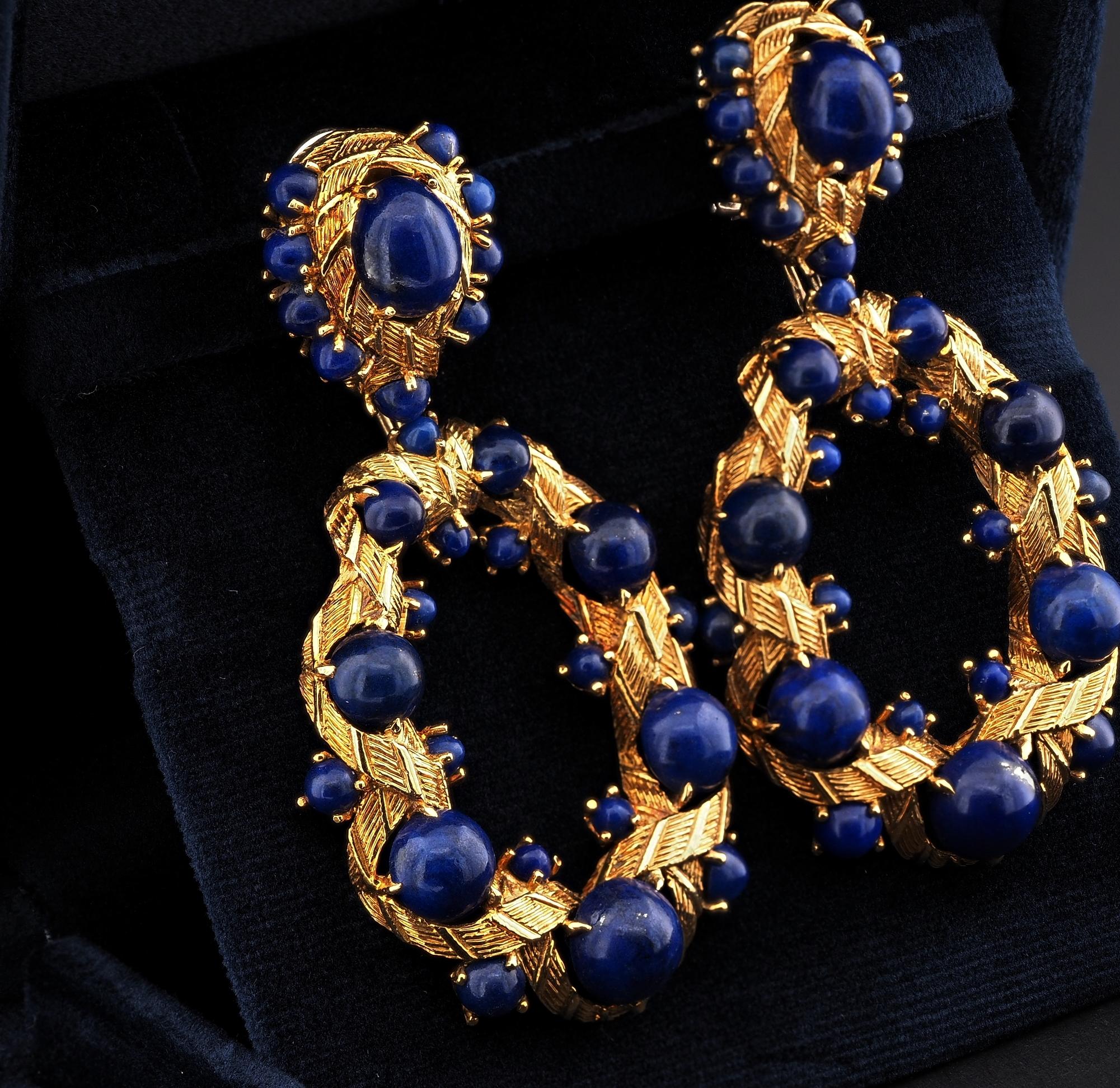 Retro design Large and Unique Lapis Design 18 KT Earrings In Excellent Condition For Sale In Napoli, IT