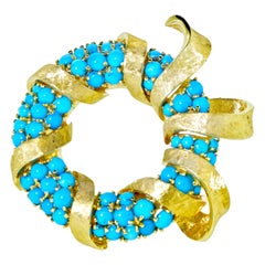 Retro Design Large Turquoise and Gold Brooch, circa 1950