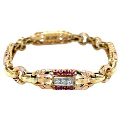 Retro Design Pink Sapphire & Diamond Bracelet in 14K Two Tone Gold