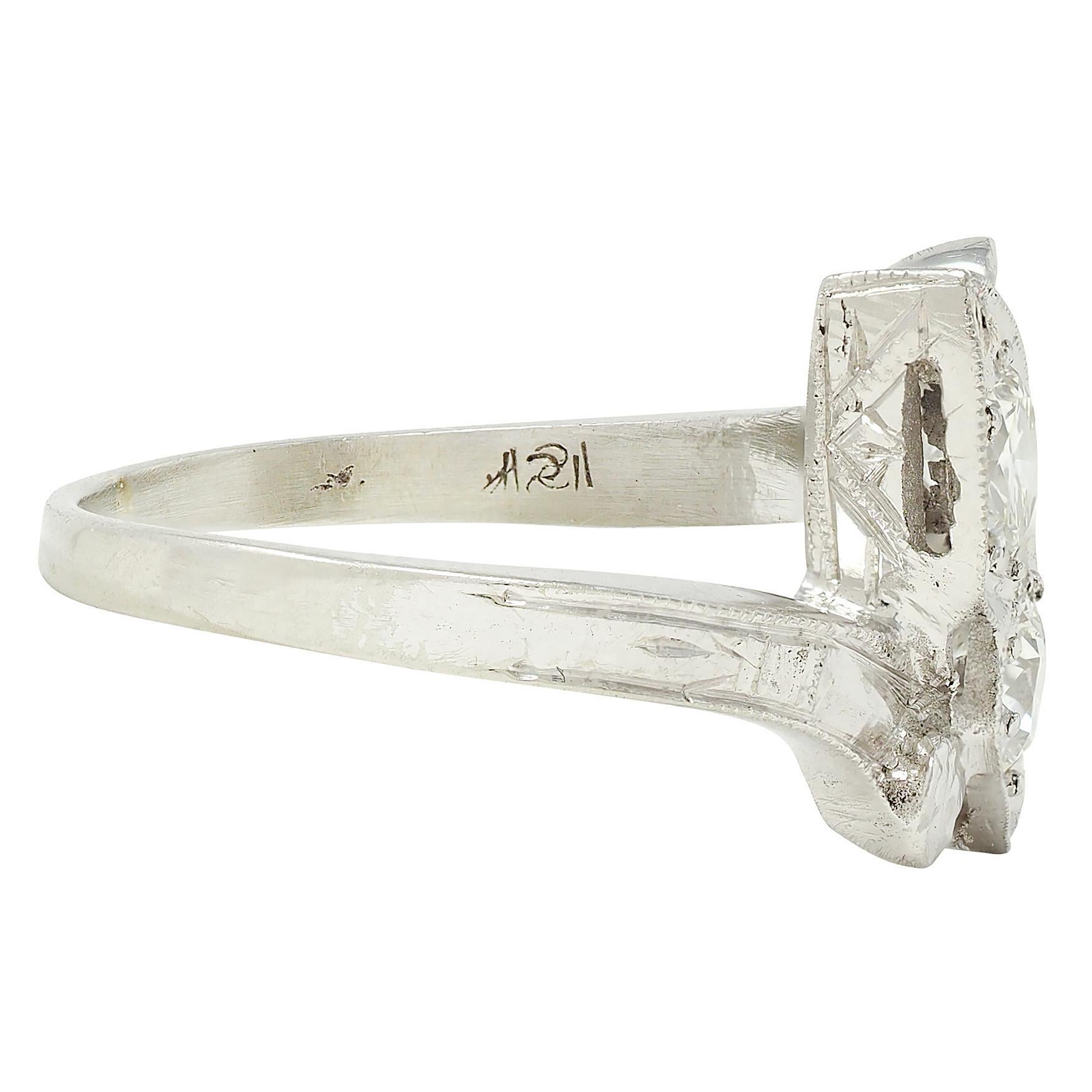 Old European Cut Retro Diamond 0.40 CTW 14 Karat White Gold Heart Vintage Bypass Ring For Sale