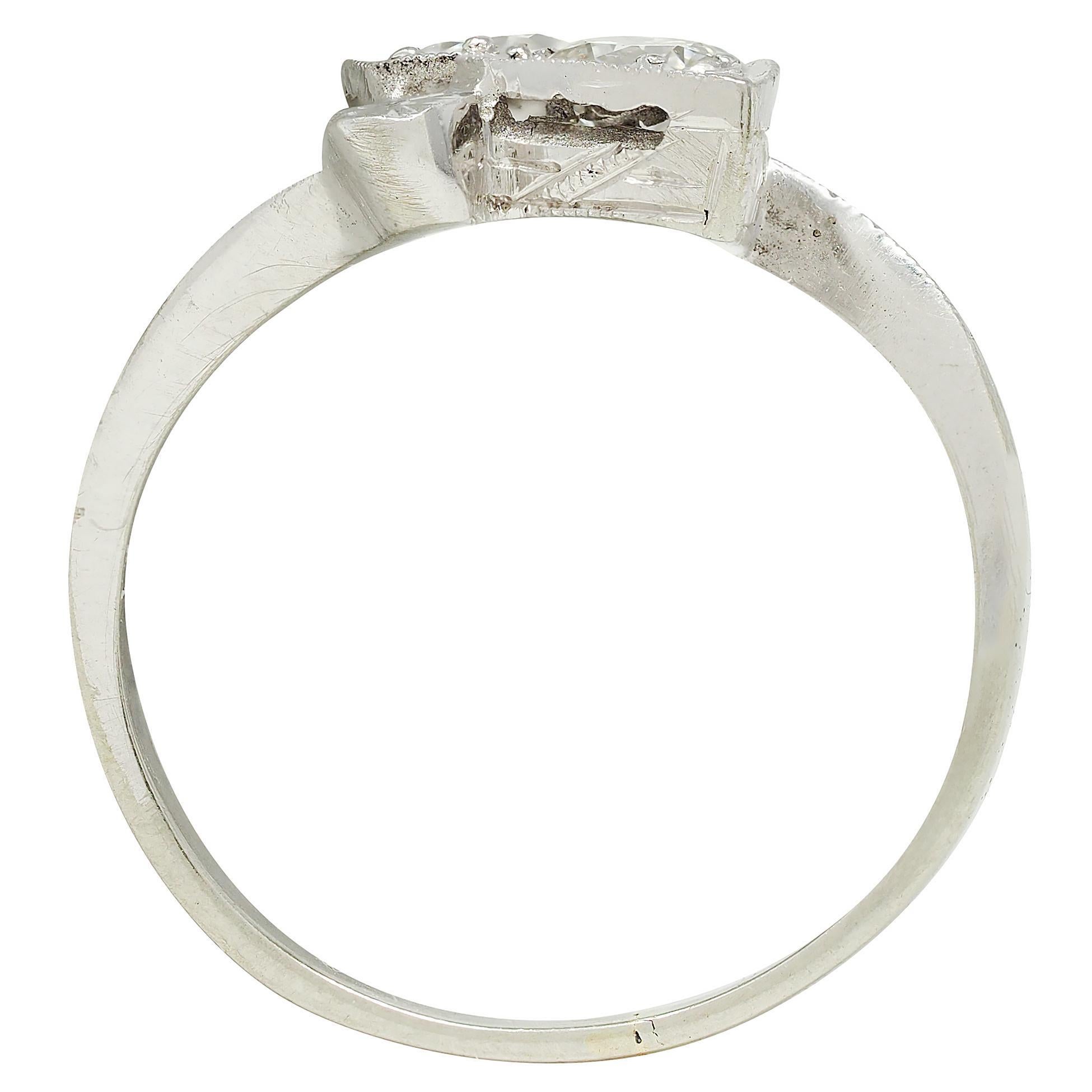 Retro Diamond 0.40 CTW 14 Karat White Gold Heart Vintage Bypass Ring For Sale 1