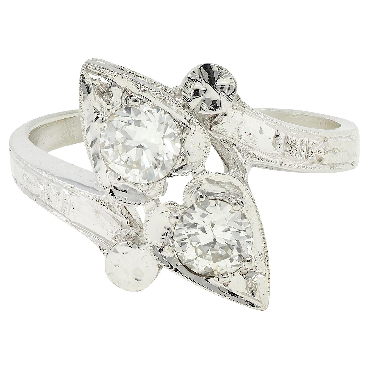 Retro Diamond 0.40 CTW 14 Karat White Gold Heart Vintage Bypass Ring For Sale