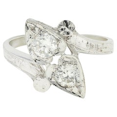 Bague bypass rétro cœur en or blanc 14 carats avec diamants 0,40 ct. pt.