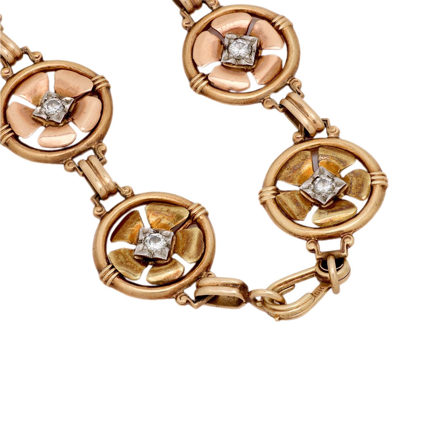 Pulsera flor retro diamante oro rosa 10k Retro en venta