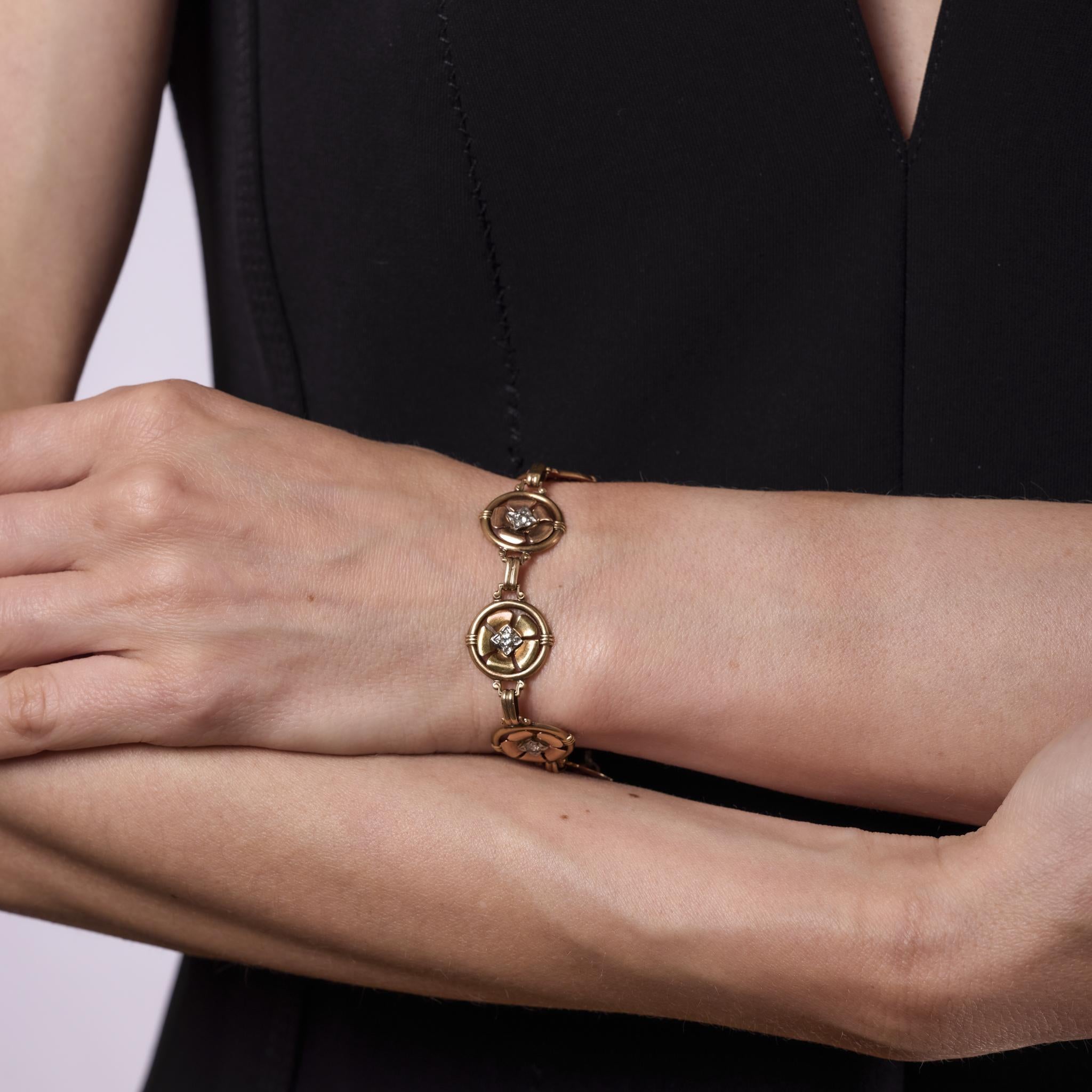 Pulsera flor retro diamante oro rosa 10k Corte europeo antiguo en venta