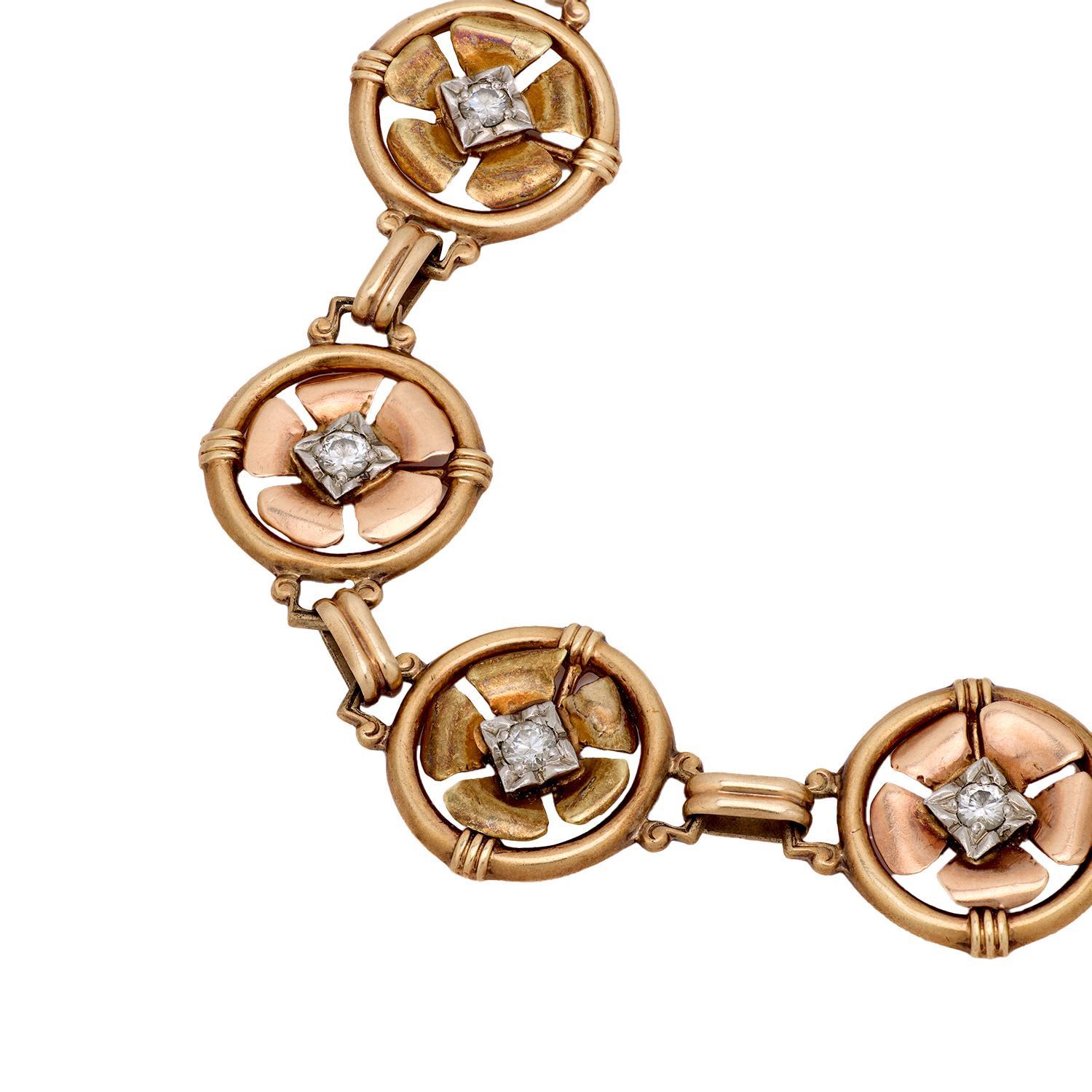 Pulsera flor retro diamante oro rosa 10k en Bueno estado para la venta en Beverly Hills, CA