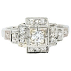 Retro Diamond 14 Karat White Gold Engagement Ring, circa 1940s