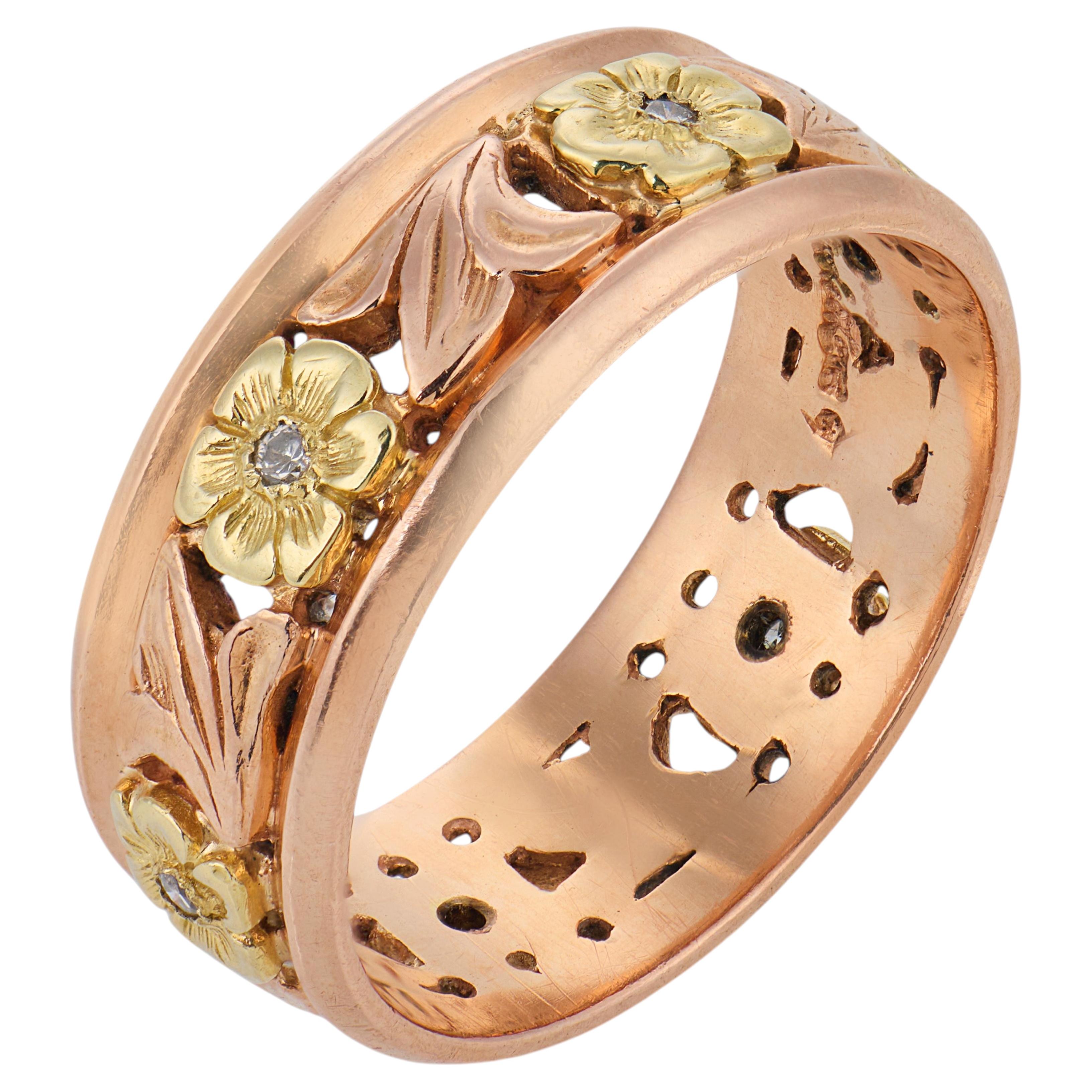 Retro diamond 14k rose and yellow gold floral band