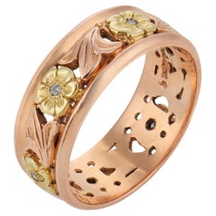 Retro diamond 14k rose and yellow gold floral band