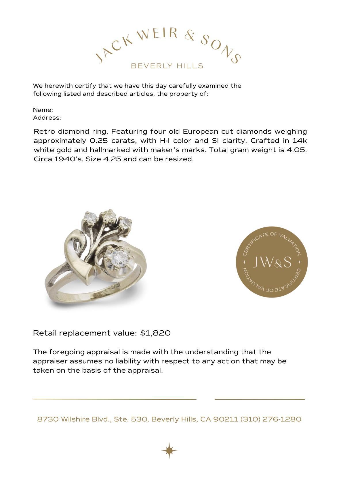 Anello con diamante retrò in oro bianco 14k in vendita 1