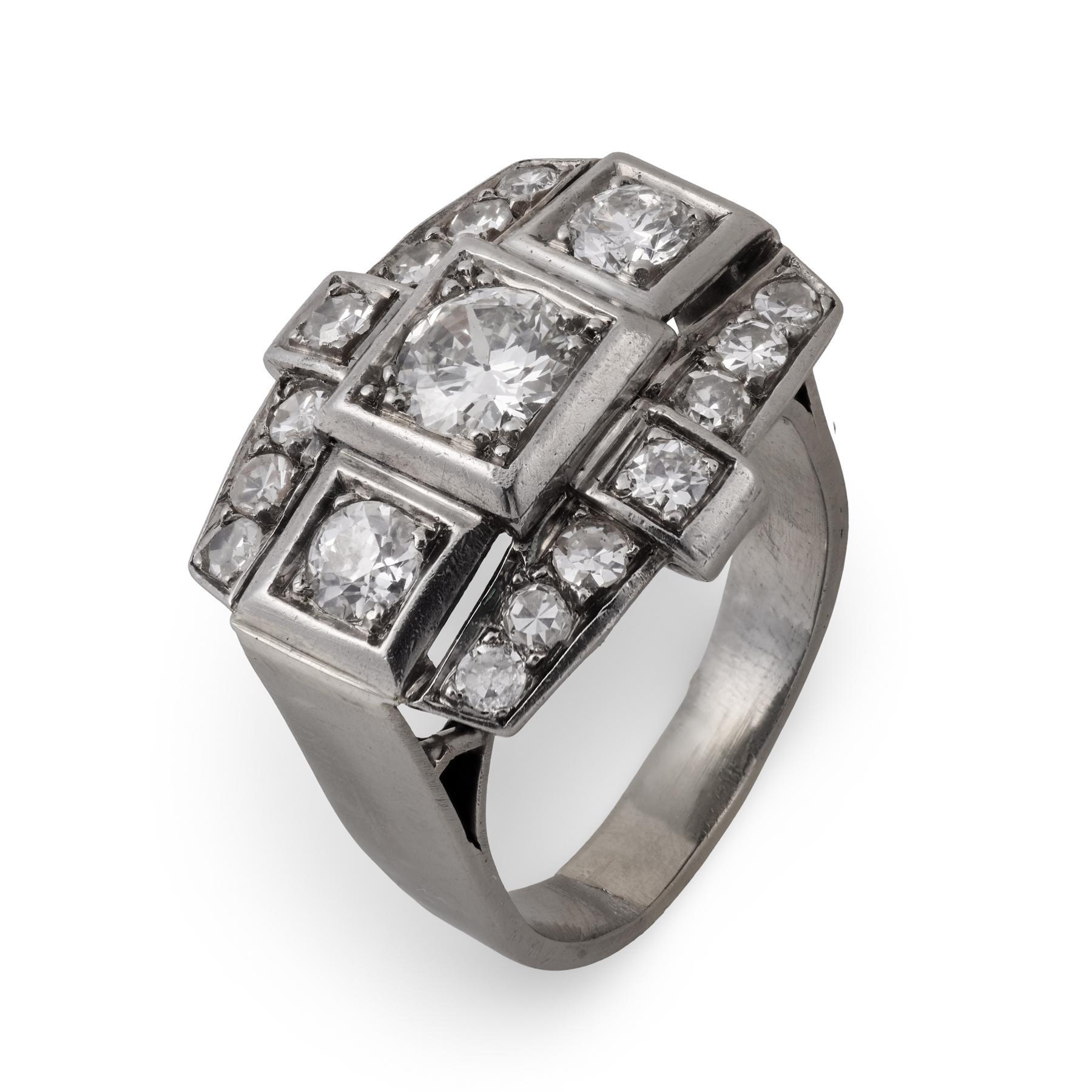 Bague réservoir rétro en or blanc 14K et diamants