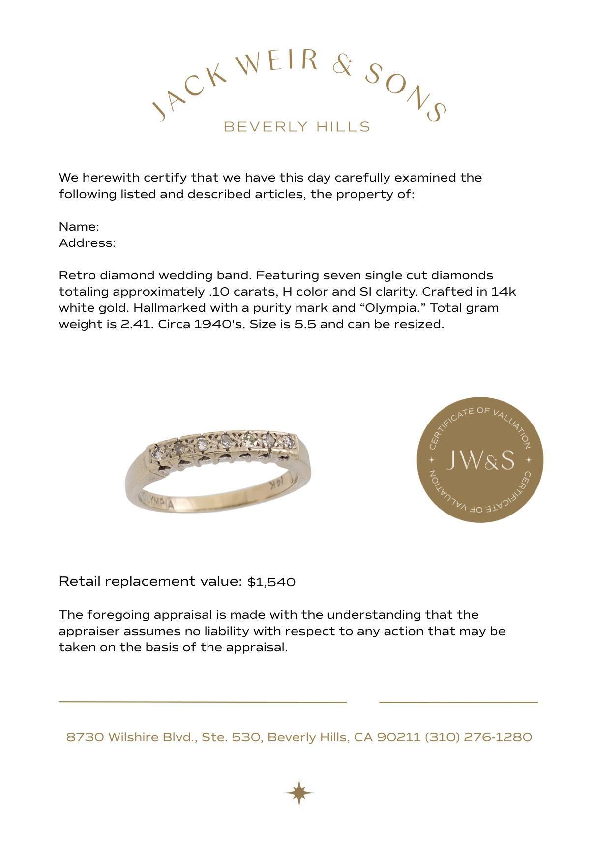 De las mujeres Retro diamond 14k white gold wedding band en venta