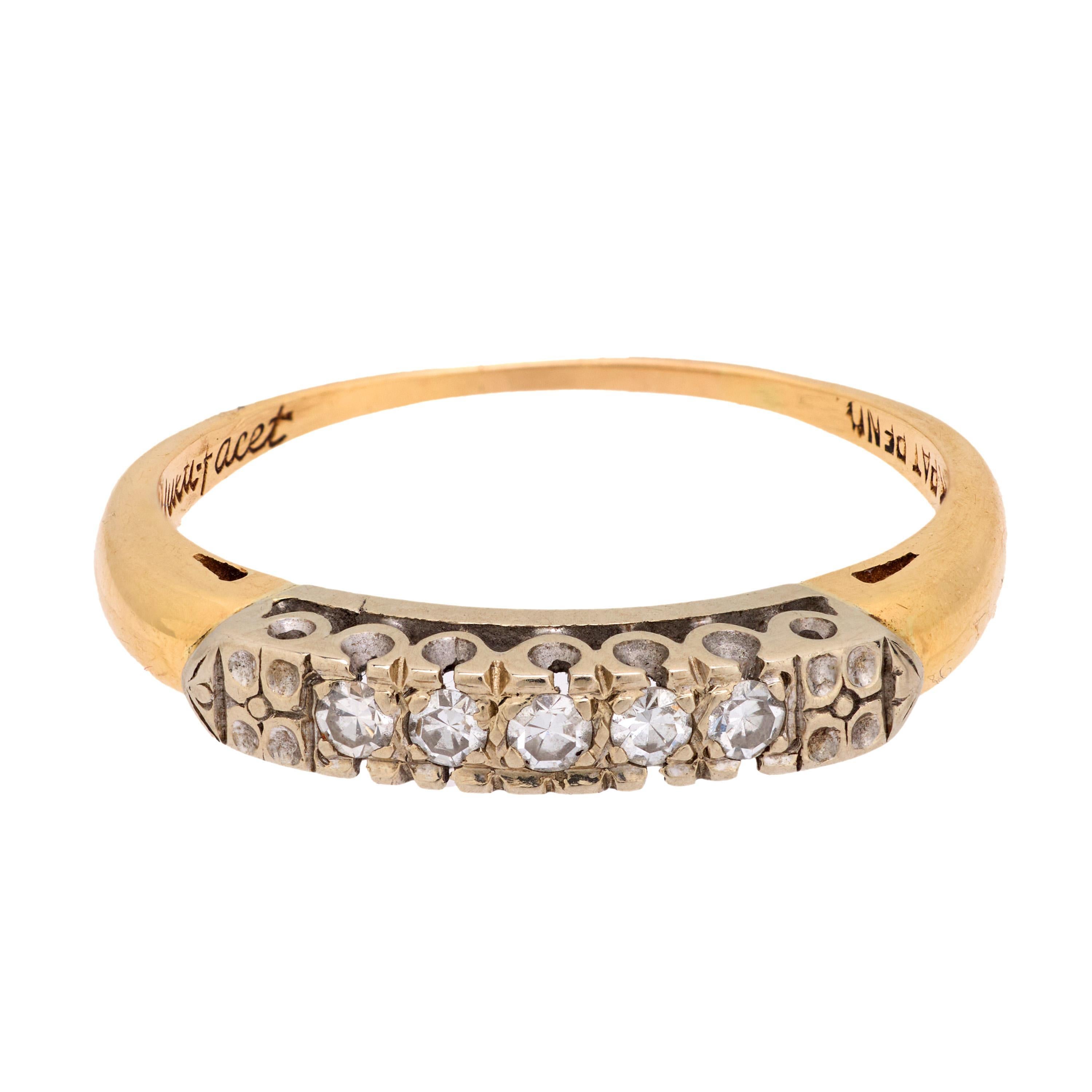 Single Cut Retro diamond 14k yellow and white gold wedding ring For Sale