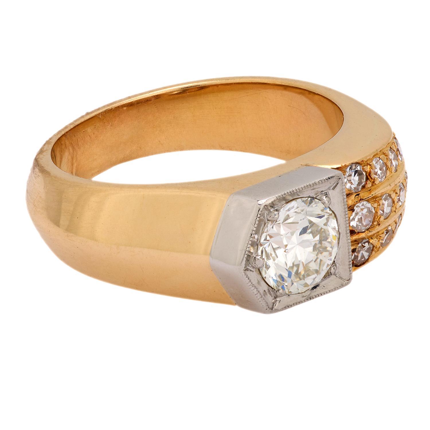 Taille brillant Bague rétro en or jaune 14k et platine avec diamants en vente