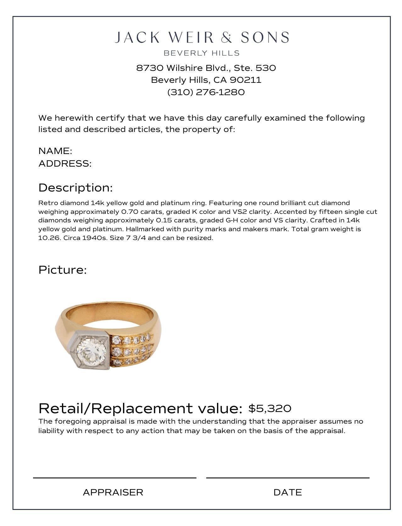 Bague rétro en or jaune 14k et platine avec diamants Bon état - En vente à Beverly Hills, CA