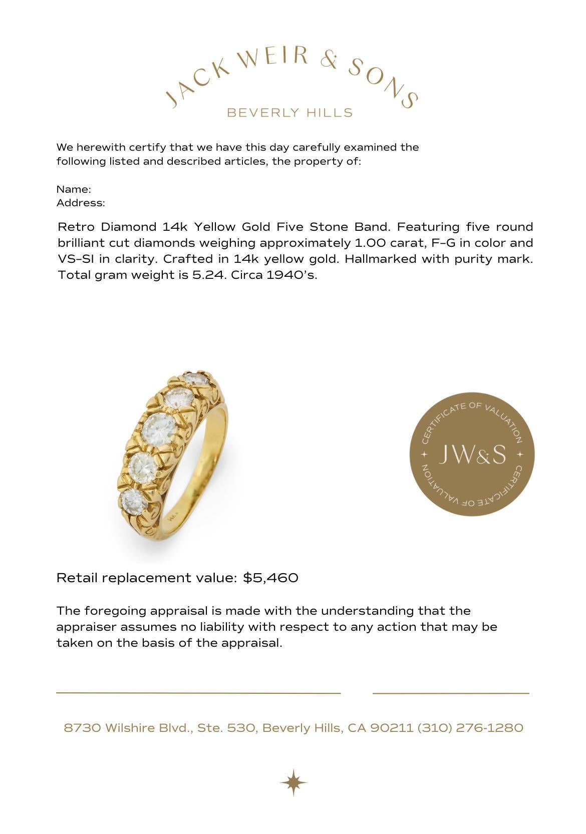 Fascia con diamante retrò in oro giallo 14 carati con cinque pietre in vendita 1