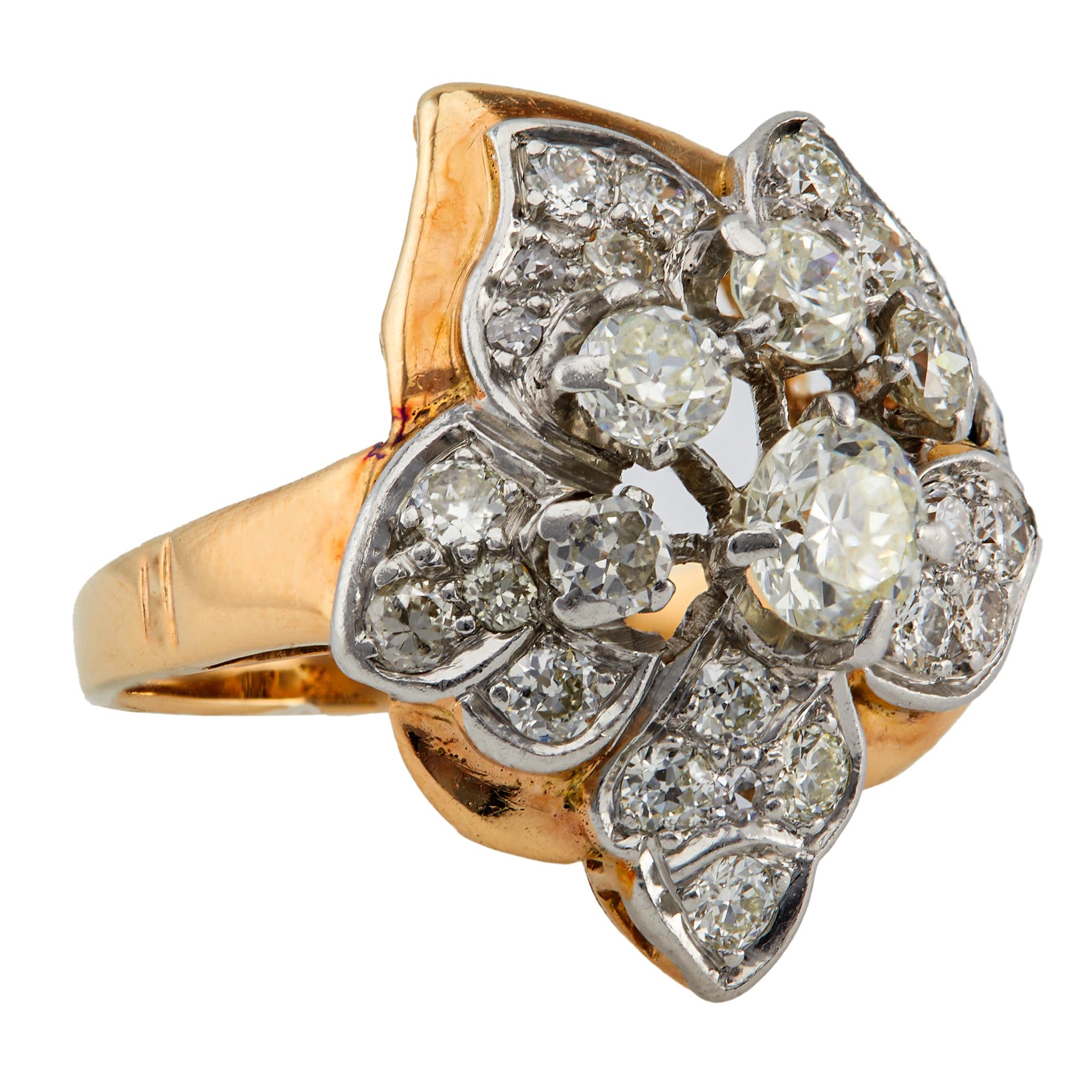 Women's or Men's Retro Diamond 14K Yellow Gold Platinum Cocktail Ring