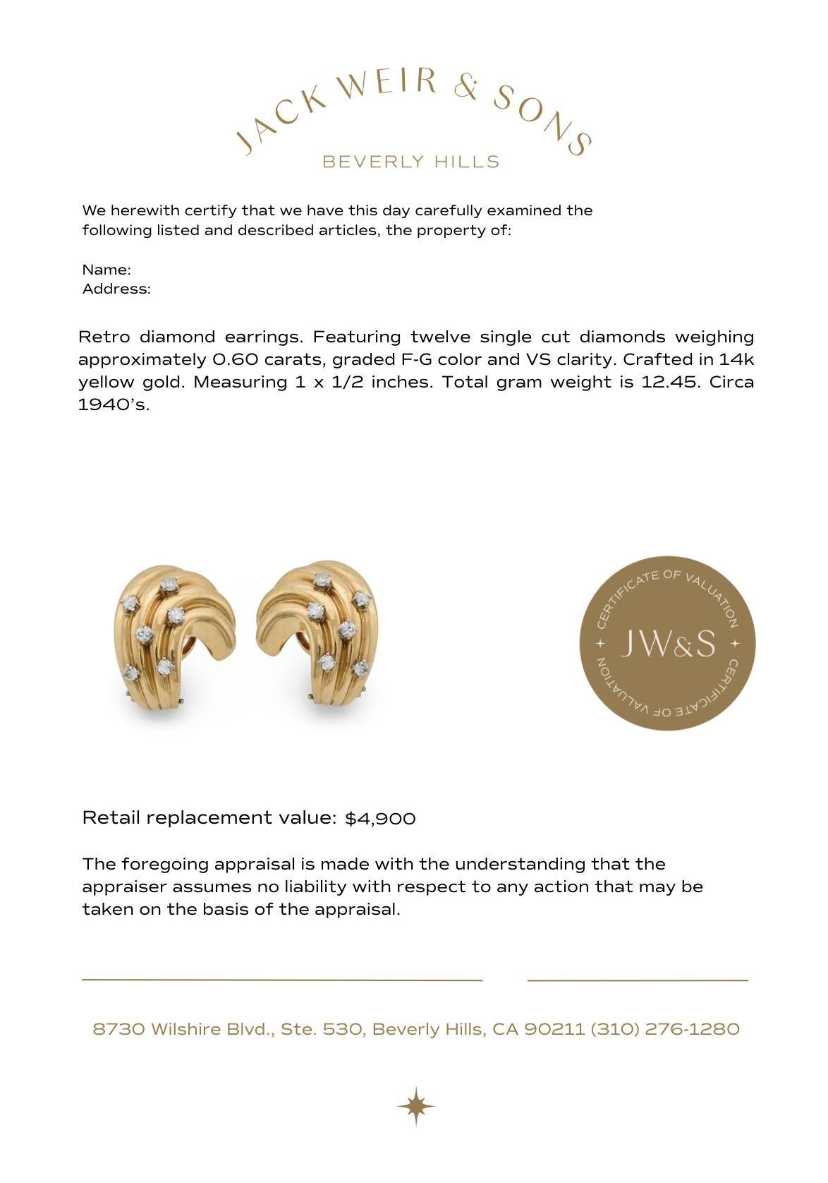 Boucles d'oreilles clips rétro en or jaune 14k avec diamants et tourbillons en vente 2