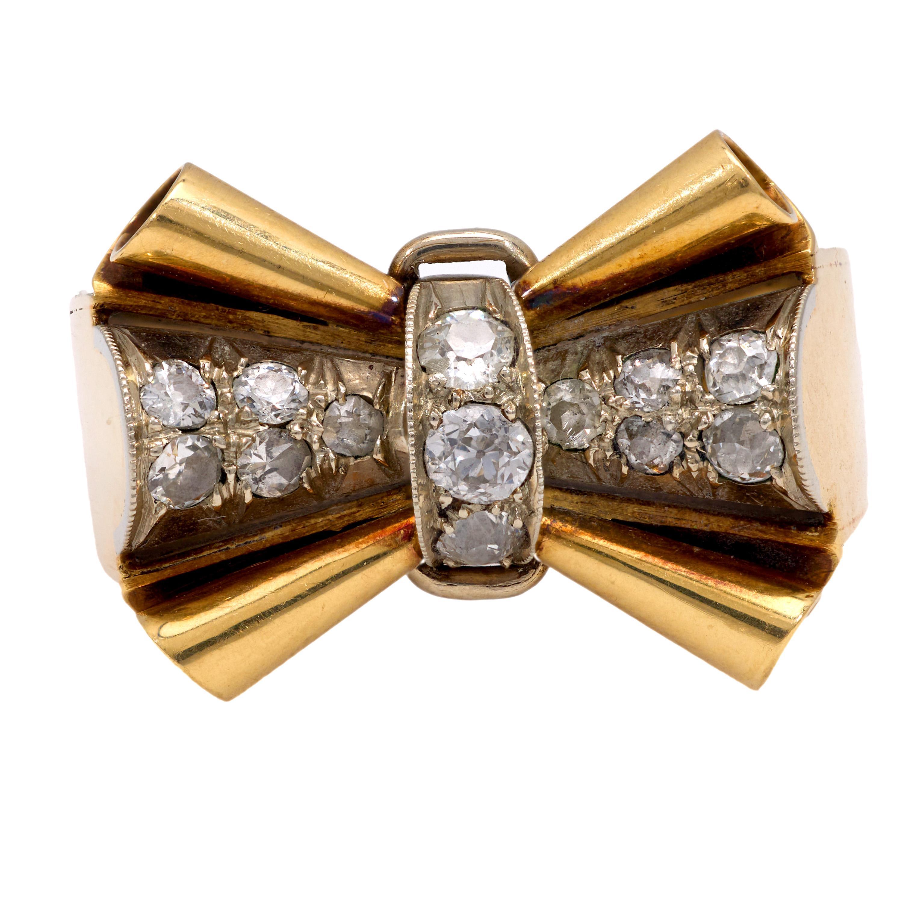 Old European Cut Retro diamond 14k yellow gold tank ring For Sale