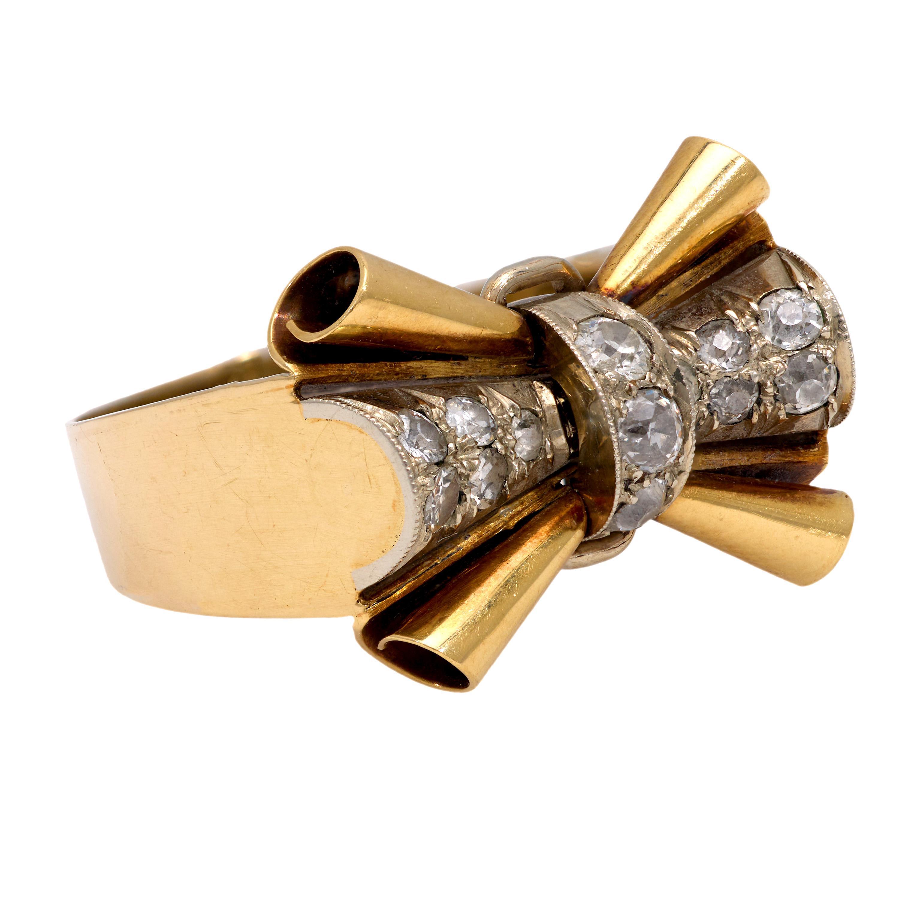 Women's Retro diamond 14k yellow gold tank ring For Sale