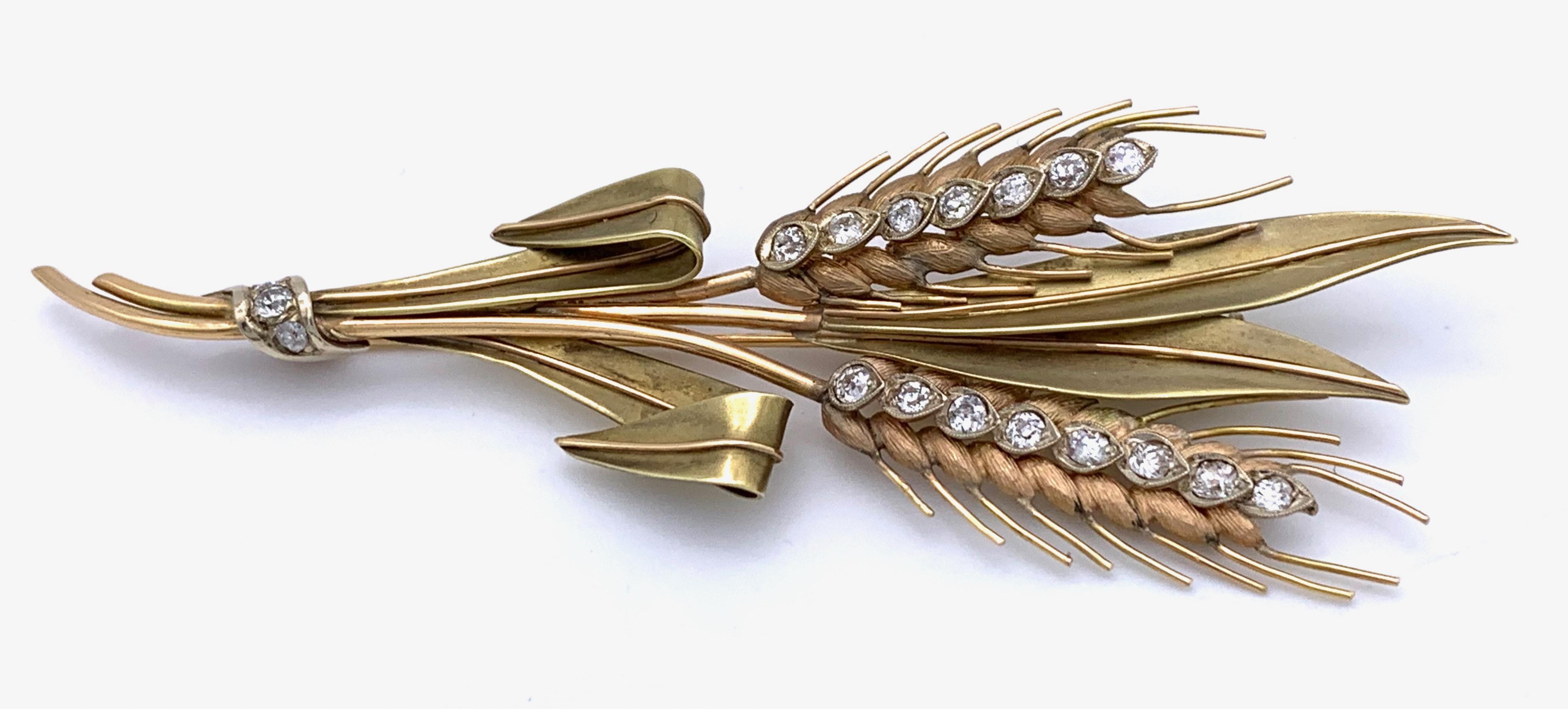 Round Cut Retro Diamond 1.6 Carat Two Color 14 Karat Gold Grain Wheat Ears Brooch For Sale