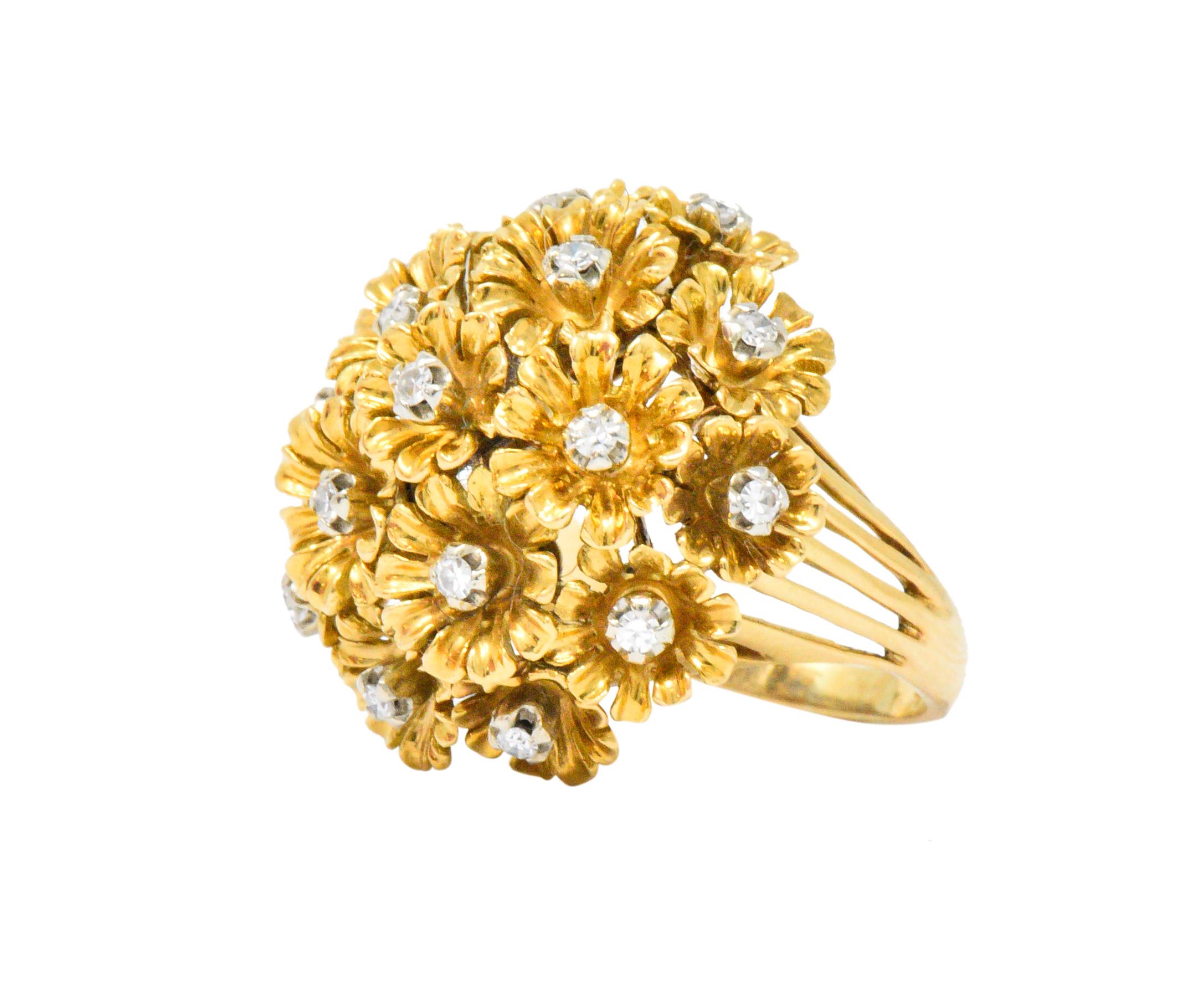 Designed as a bouquet of flowers

Sixteen flowers, each centering a single cut diamond

Total diamond weight approximately 0.25 carat, G/H color and VS clarity

Articulated for slight movement

Detailed gold petals and multiple split shank 

Ring
