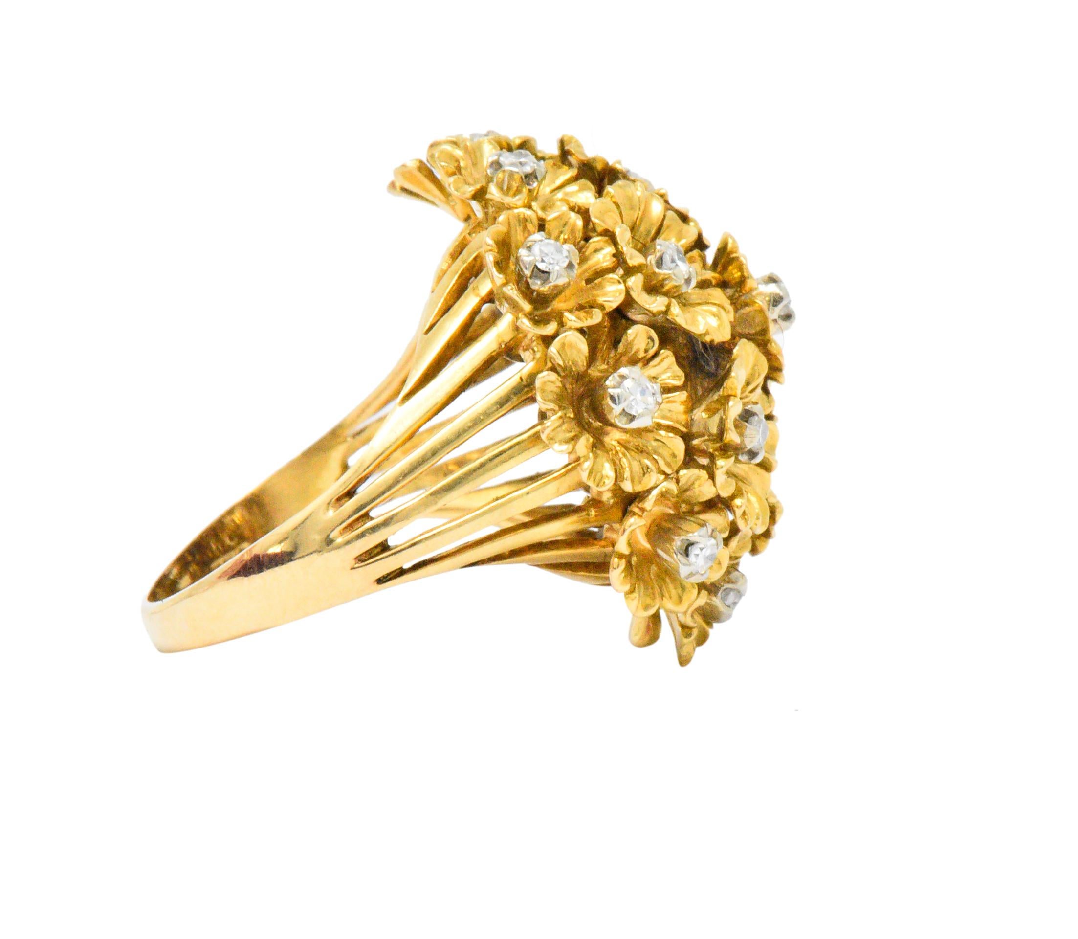 Retro Diamond 18 Karat Gold Flower Bouquet En Tremblant Ring In Excellent Condition In Philadelphia, PA