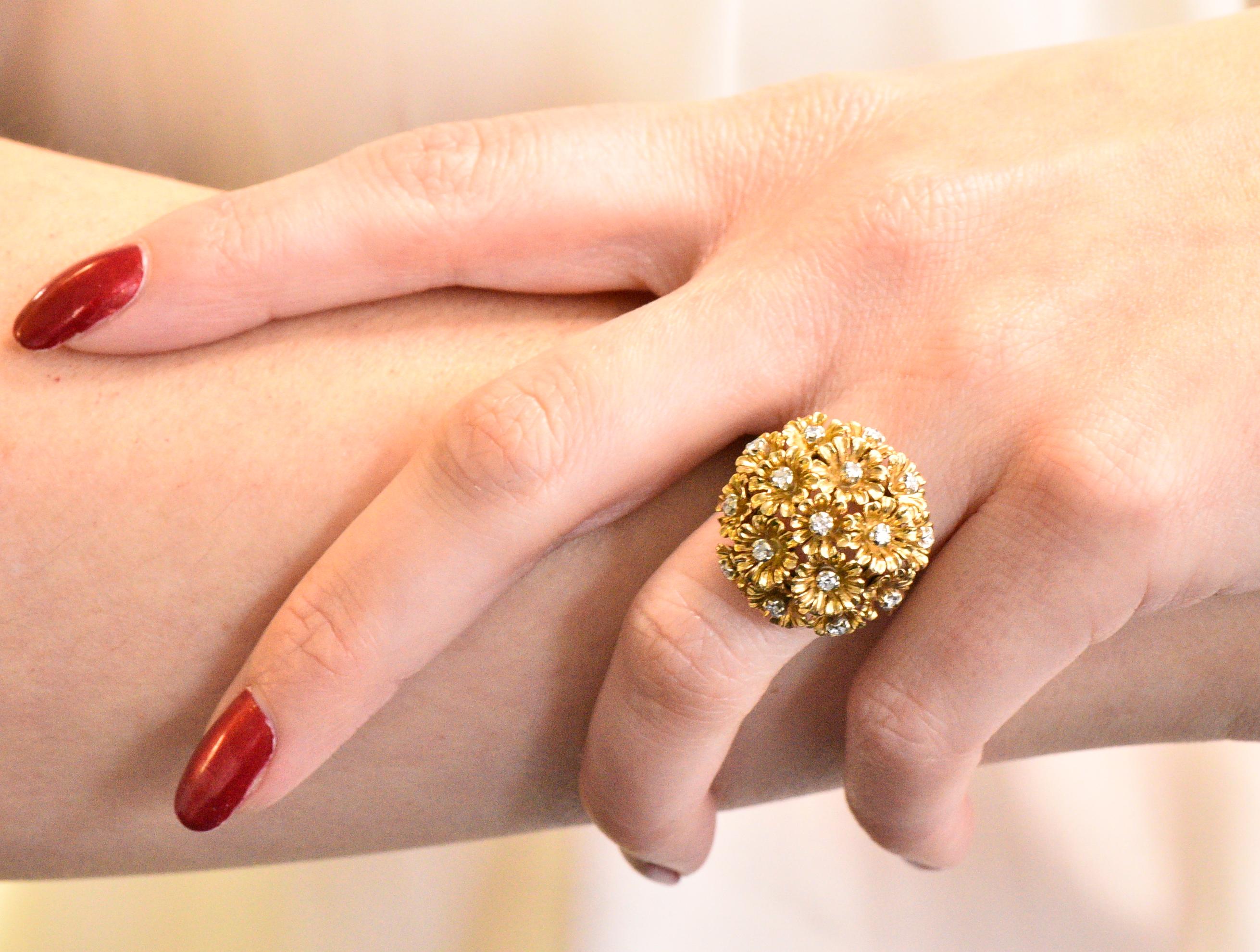 Retro Diamond 18 Karat Gold Flower Bouquet En Tremblant Ring 2