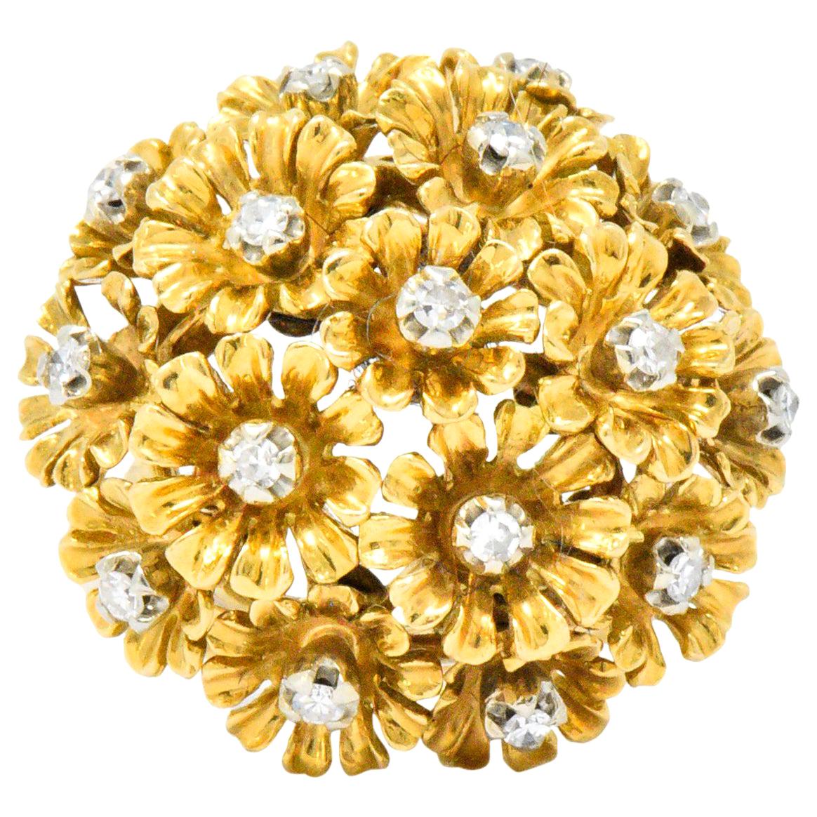 Retro Diamond 18 Karat Gold Flower Bouquet En Tremblant Ring