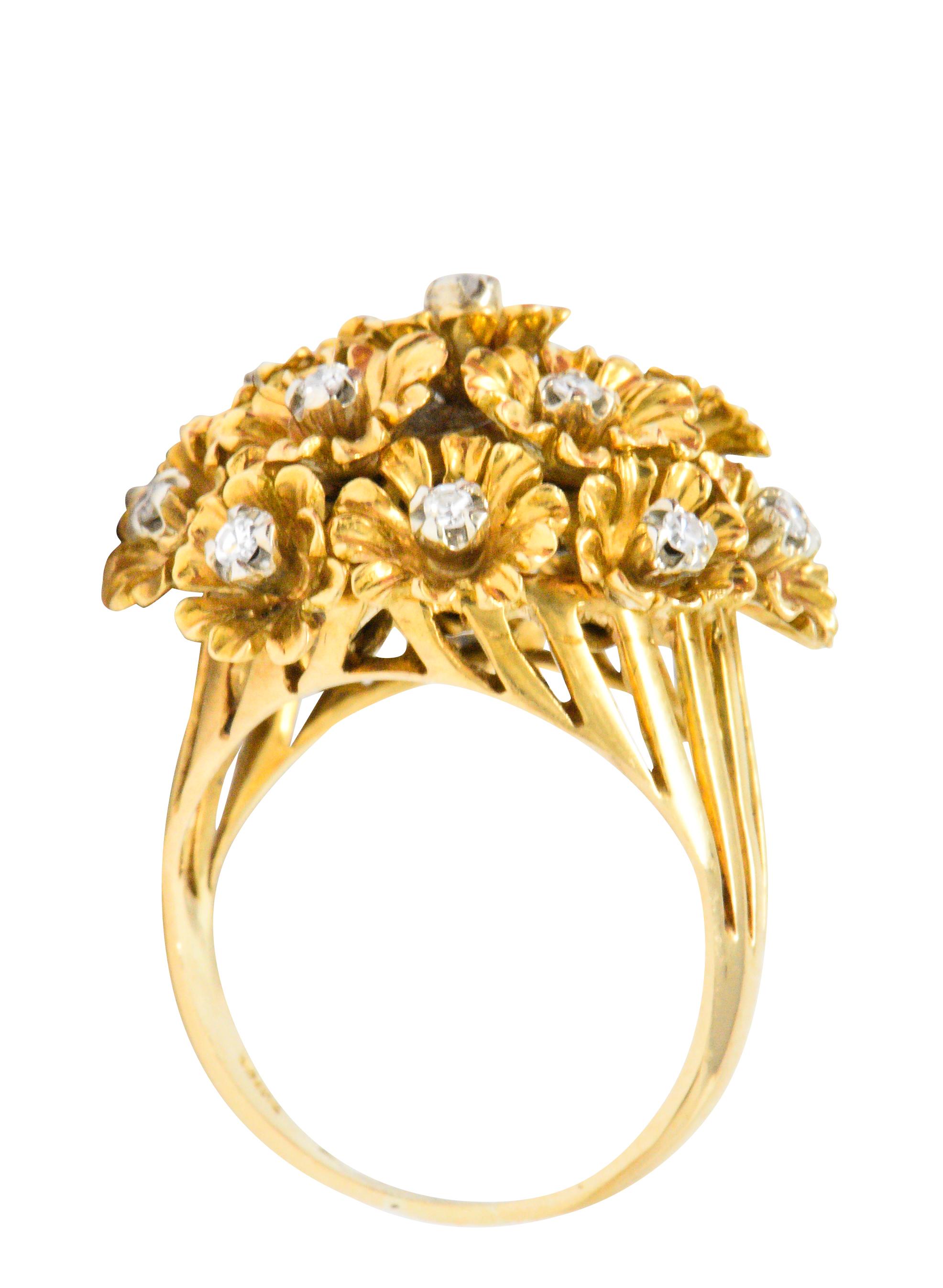 Round Cut Retro Diamond 18 Karat Gold Flower Bouquet Tumbler Ring
