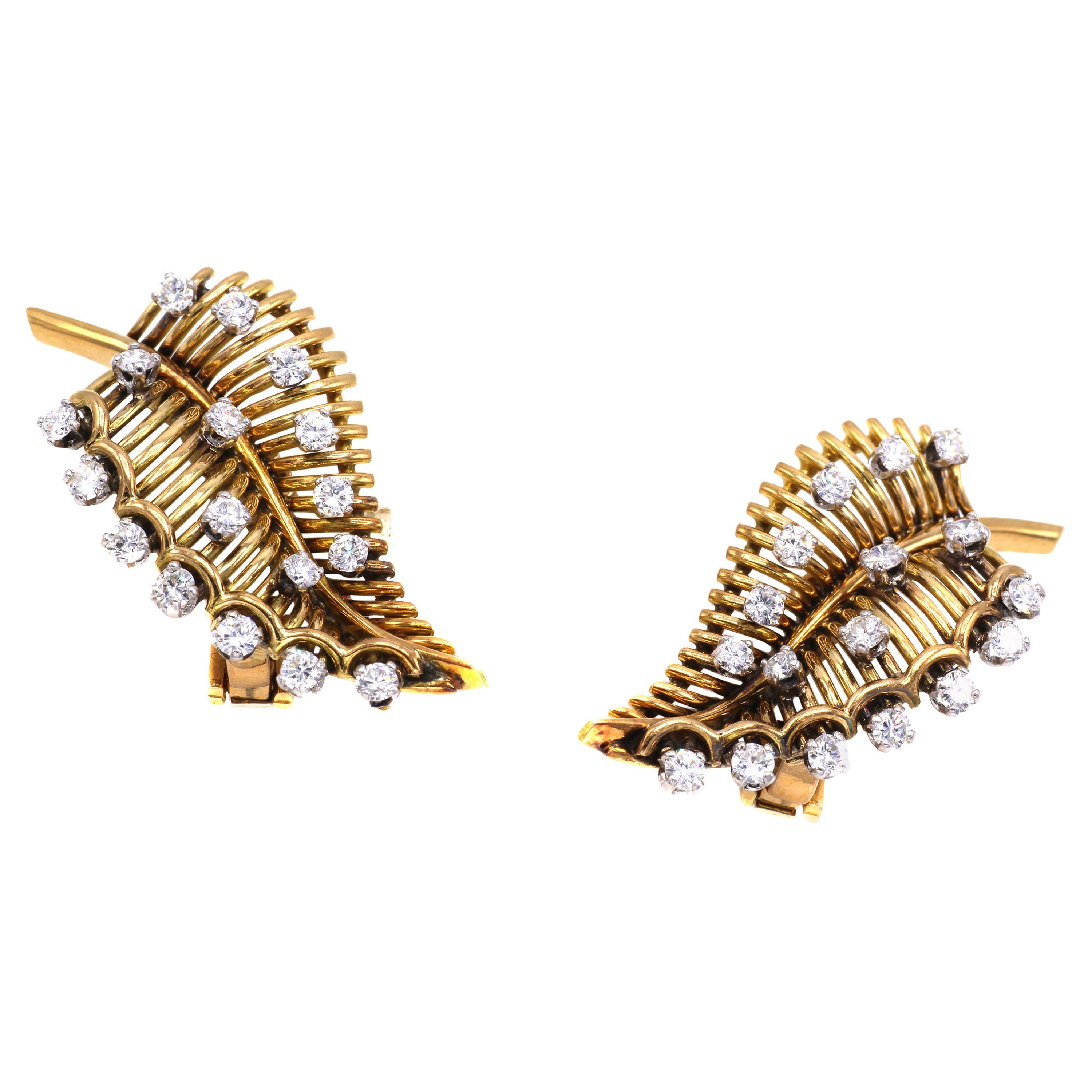 Retro Diamond 18 Karat Gold Platinum Leaf Ear Clips