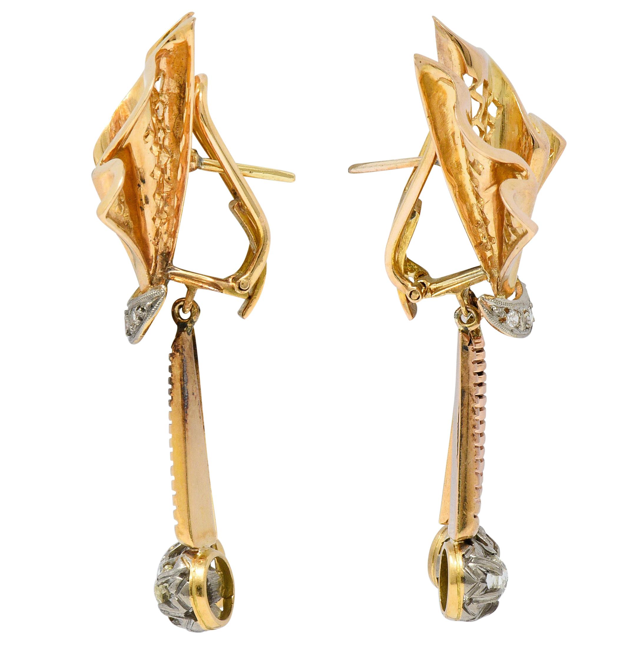 Rose Cut Retro Diamond 18 Karat Tri-Colored Gold Articulated Drop Earrings