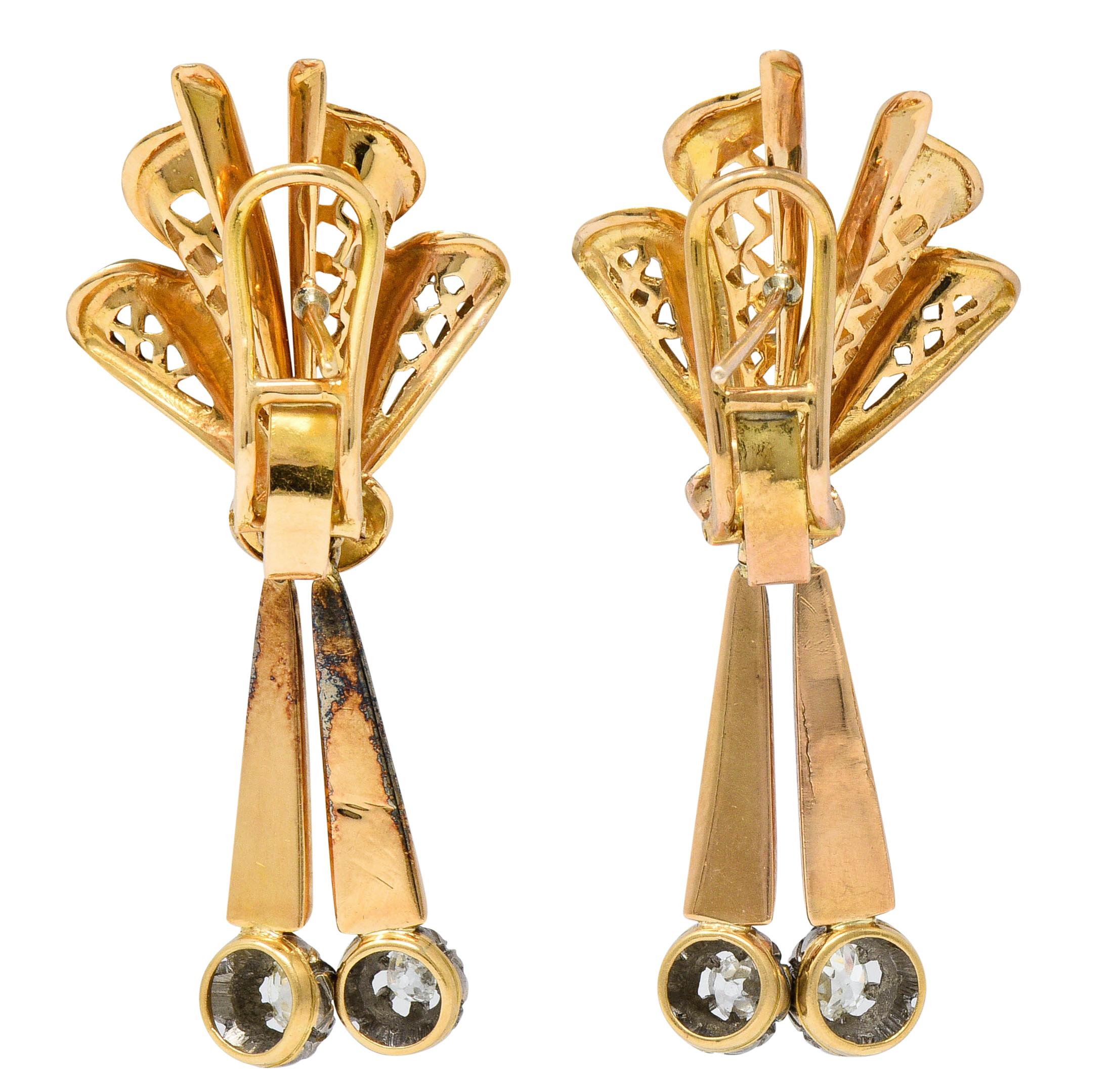 Women's or Men's Retro Diamond 18 Karat Tri-Colored Gold Articulated Drop Earrings