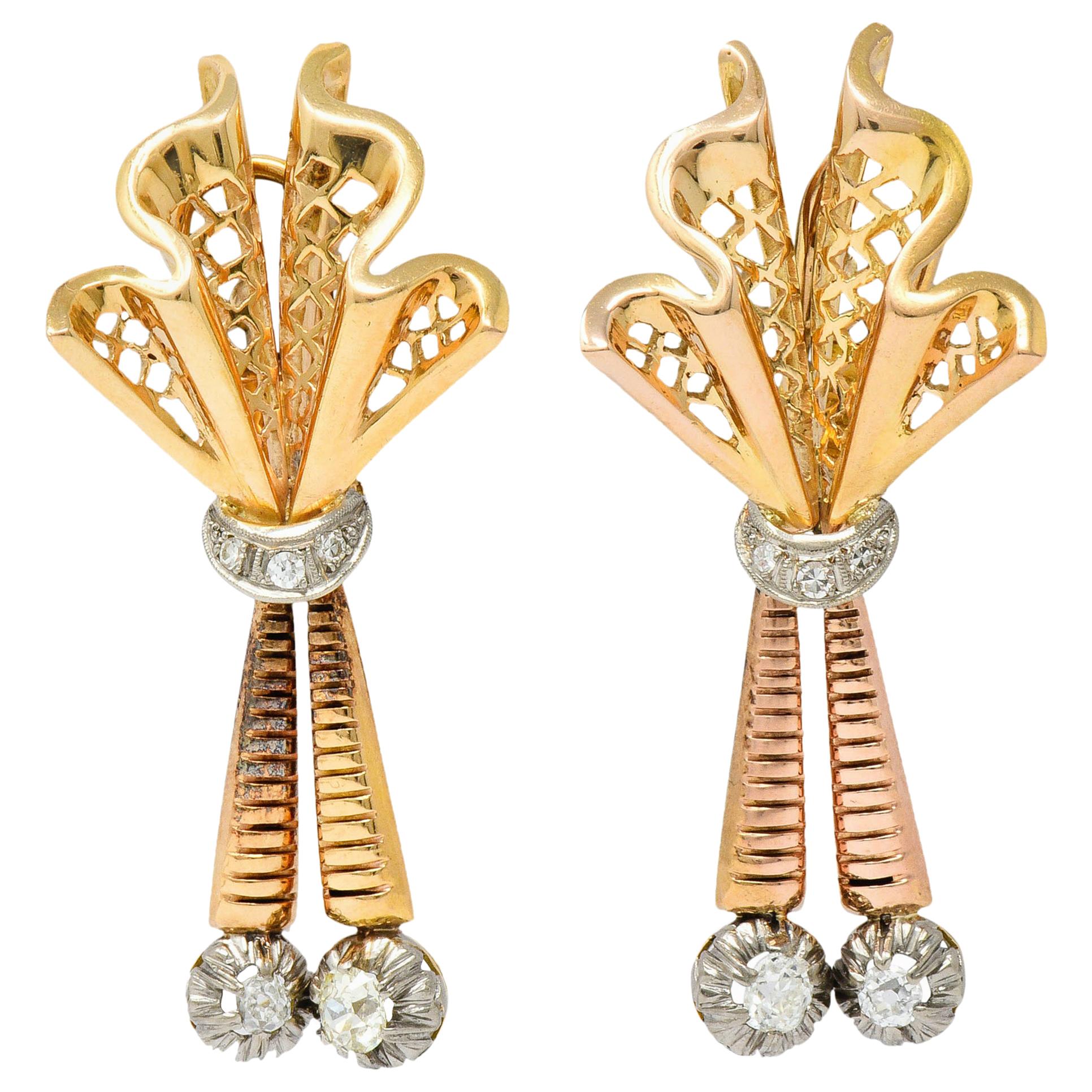 Retro Diamond 18 Karat Tri-Colored Gold Articulated Drop Earrings