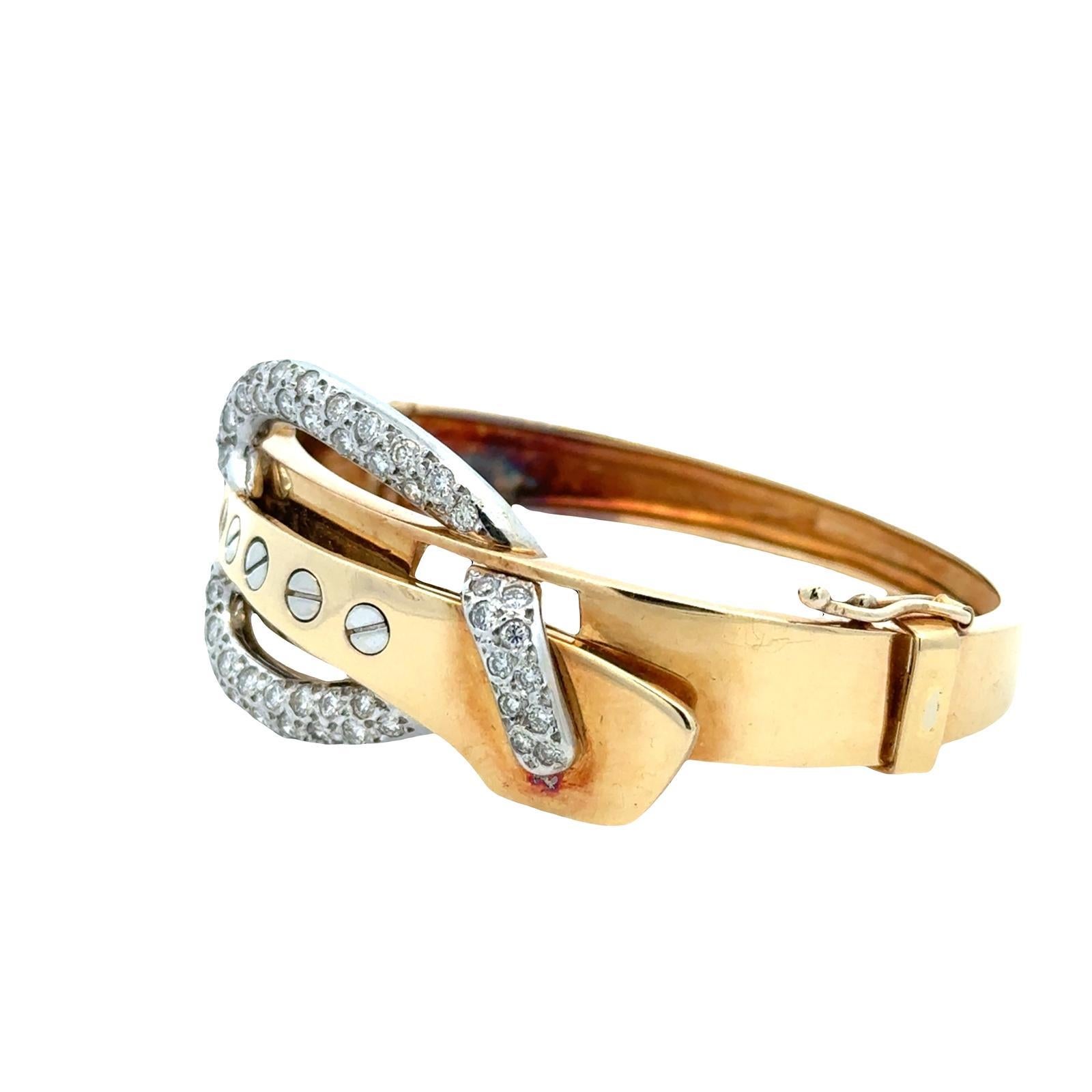 Retro Diamond 18 Karat Zwei-Ton-Gold Schnalle Scharnier Oval Armreif Armband Vintage im Angebot 1