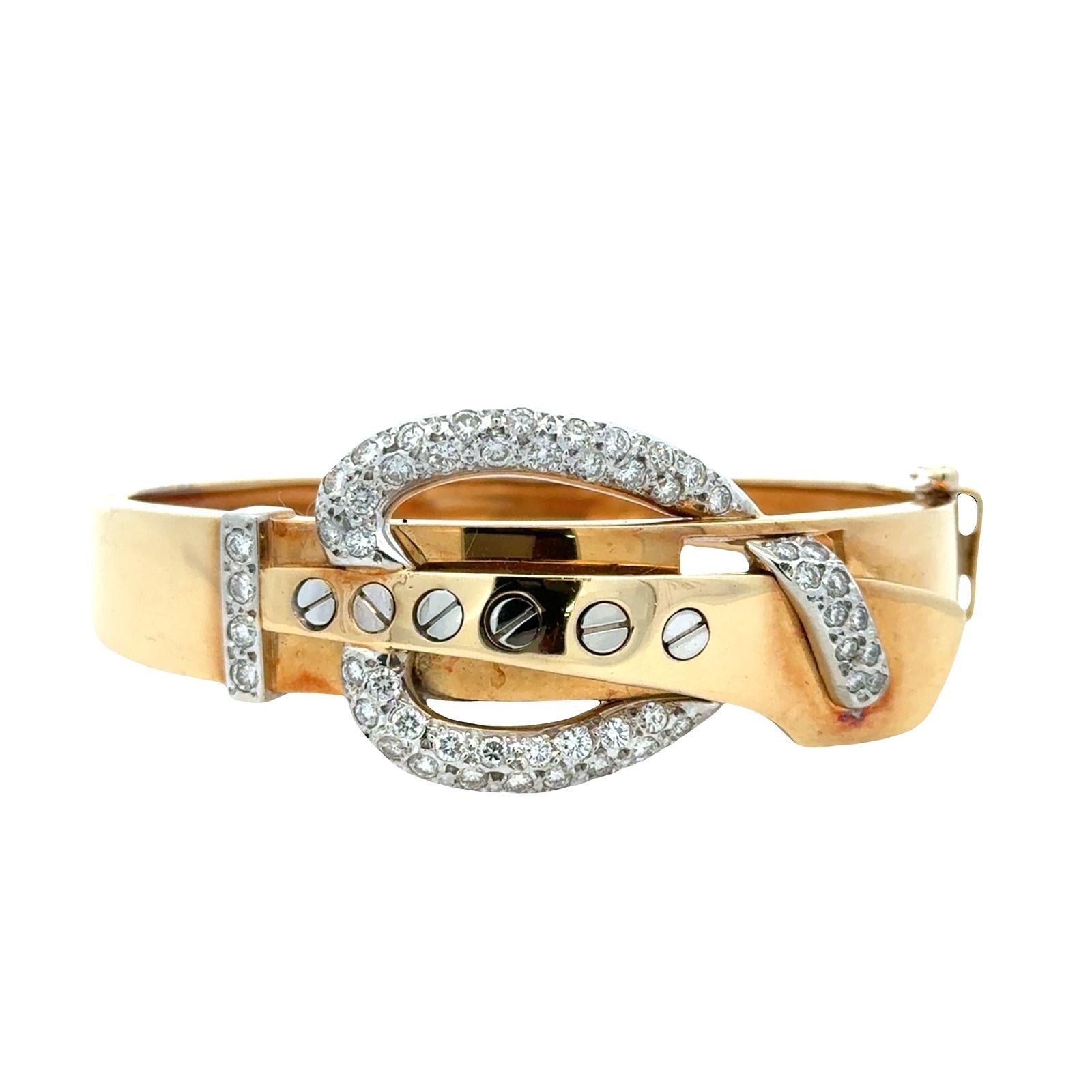 Retro Diamond 18 Karat Zwei-Ton-Gold Schnalle Scharnier Oval Armreif Armband Vintage im Angebot 2
