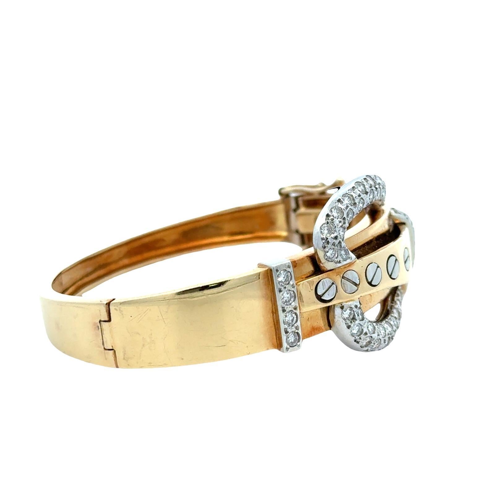 Retro Diamond 18 Karat Zwei-Ton-Gold Schnalle Scharnier Oval Armreif Armband Vintage im Angebot 3