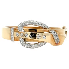 Retro Diamond 18 Karat Two Tone Gold Buckle Hinged Oval Bangle Bracelet Vintage