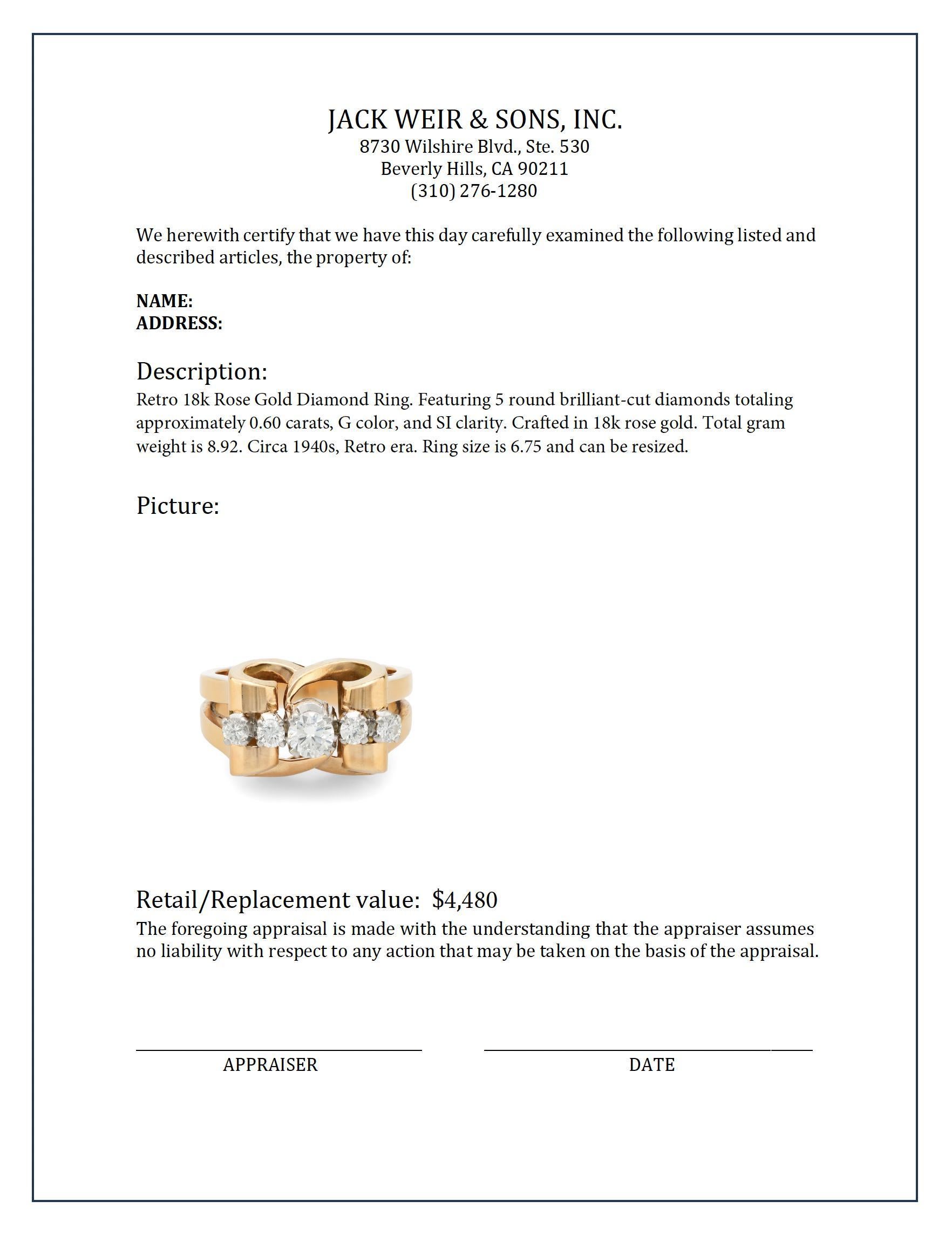 Anello retrò con diamante in oro rosa 18k In condizioni ottime in vendita a Beverly Hills, CA