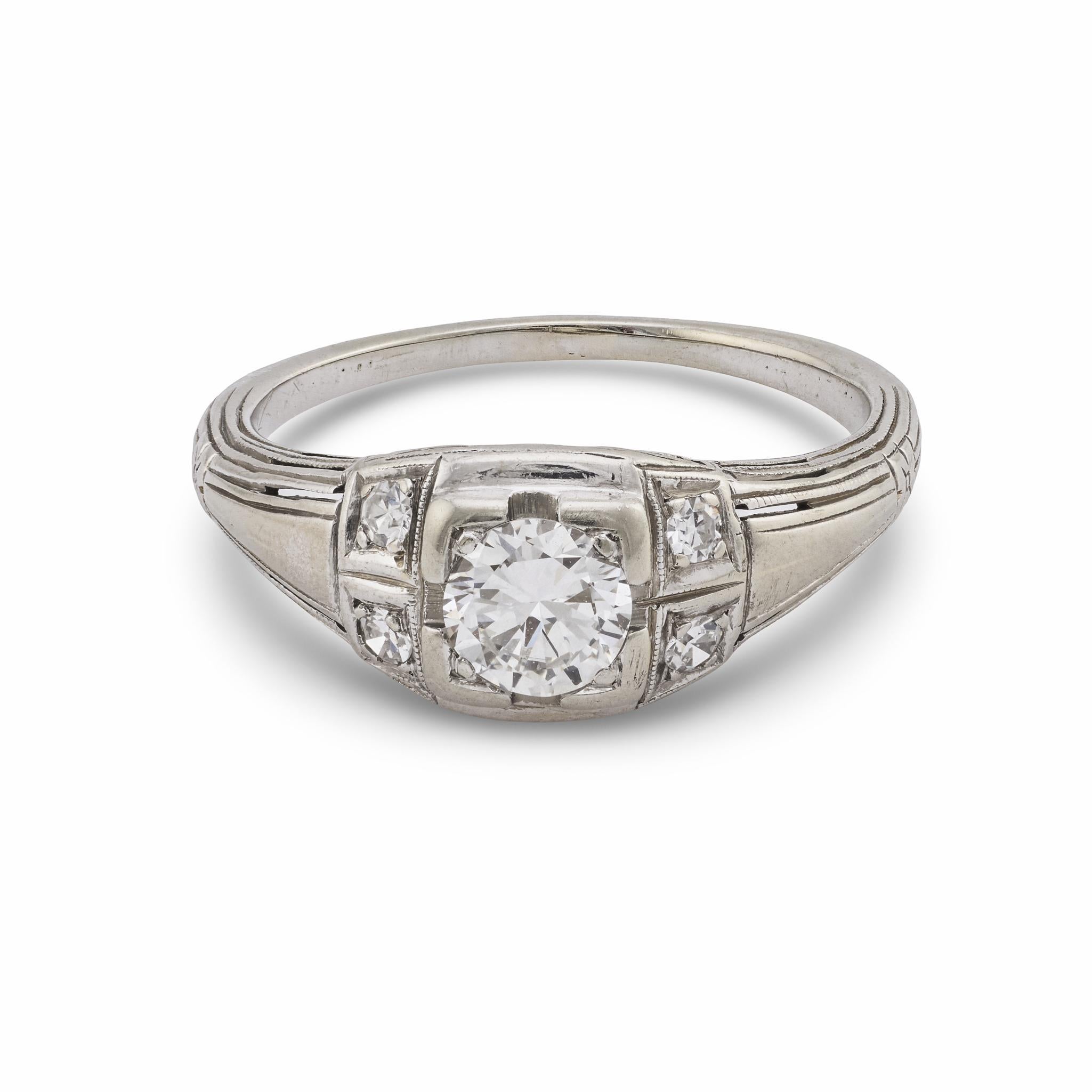 Rétro Bague de fiançailles en or blanc 18k avec diamant rétro en vente