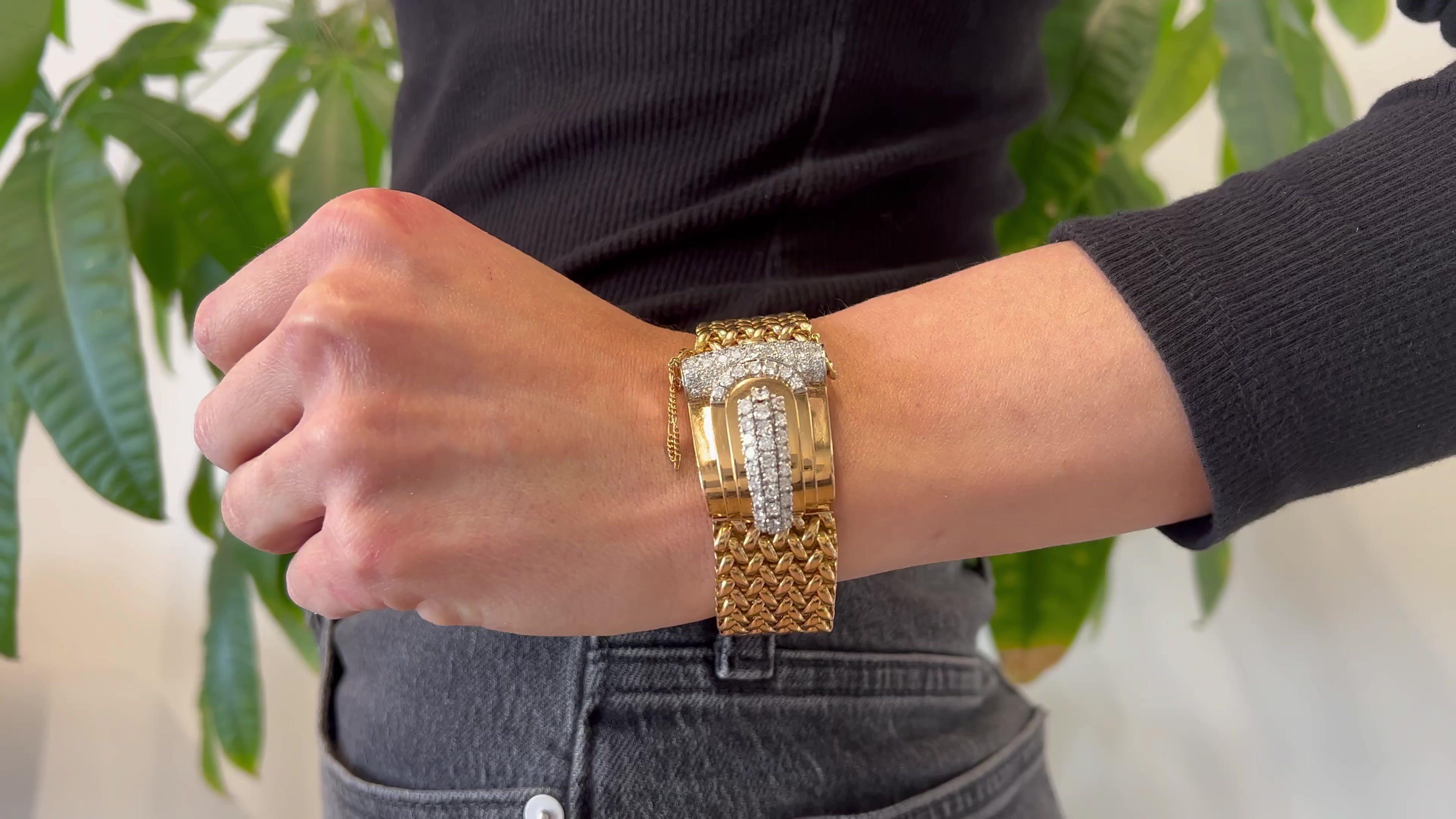 One Retro Diamond 18k Yellow Gold Convertible Tank Brooch Bracelet. Featuring 73 round brilliant cut diamonds with a total weight of approximately 3.65 carats, graded near-colorless, VS-SI clarity. Crafted in 18 karat yellow gold with diamonds set