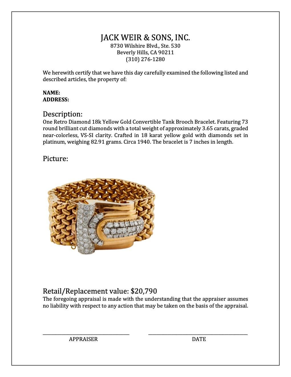 Retro Diamond 18k Yellow Gold Convertible Tank Brooch Bracelet For Sale 1