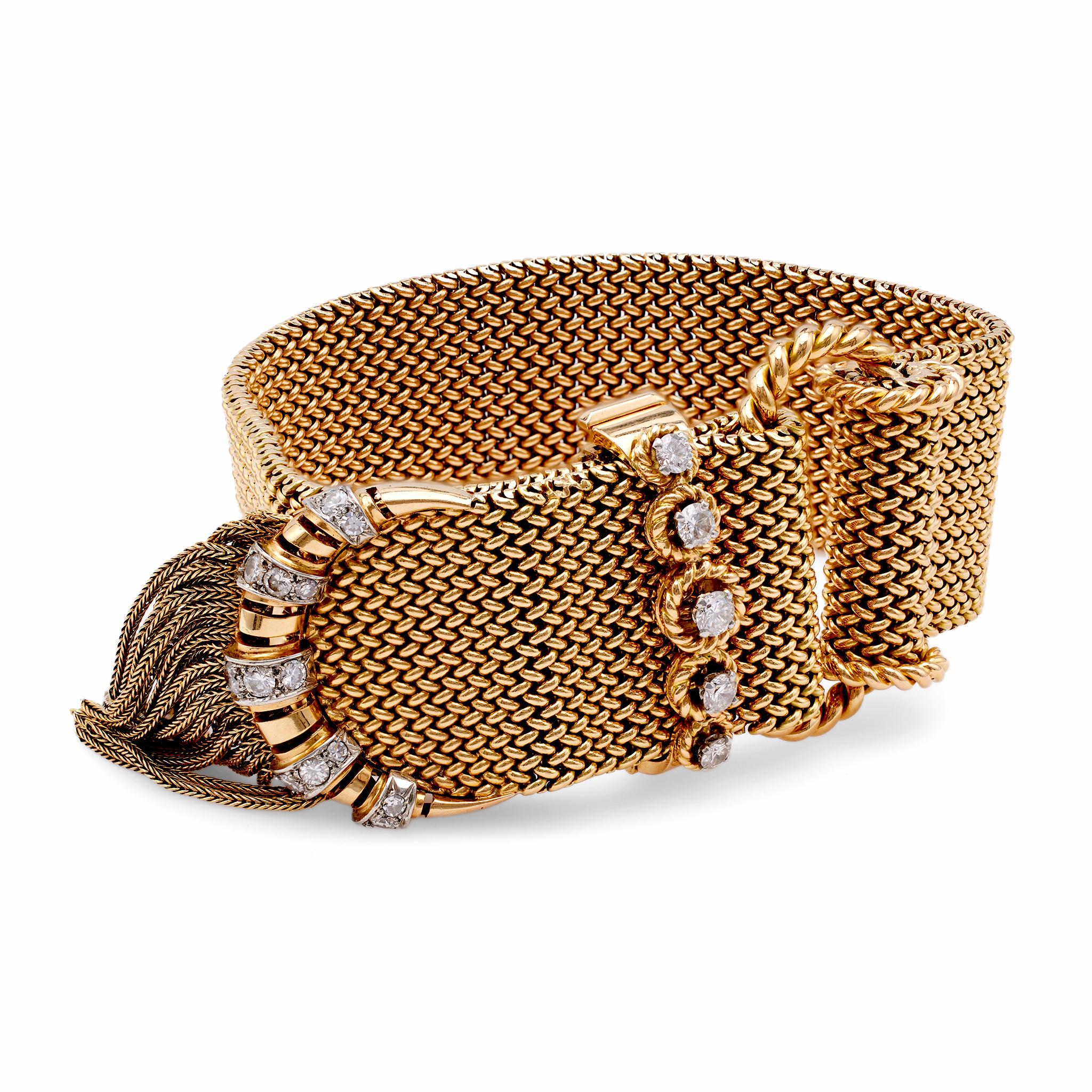 Bracelet rétro à boucle de ceinture frangée en or jaune 18 carats et diamants Bon état - En vente à Beverly Hills, CA
