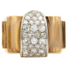 Retro Diamond 18k Yellow Gold Platinum Tank Ring